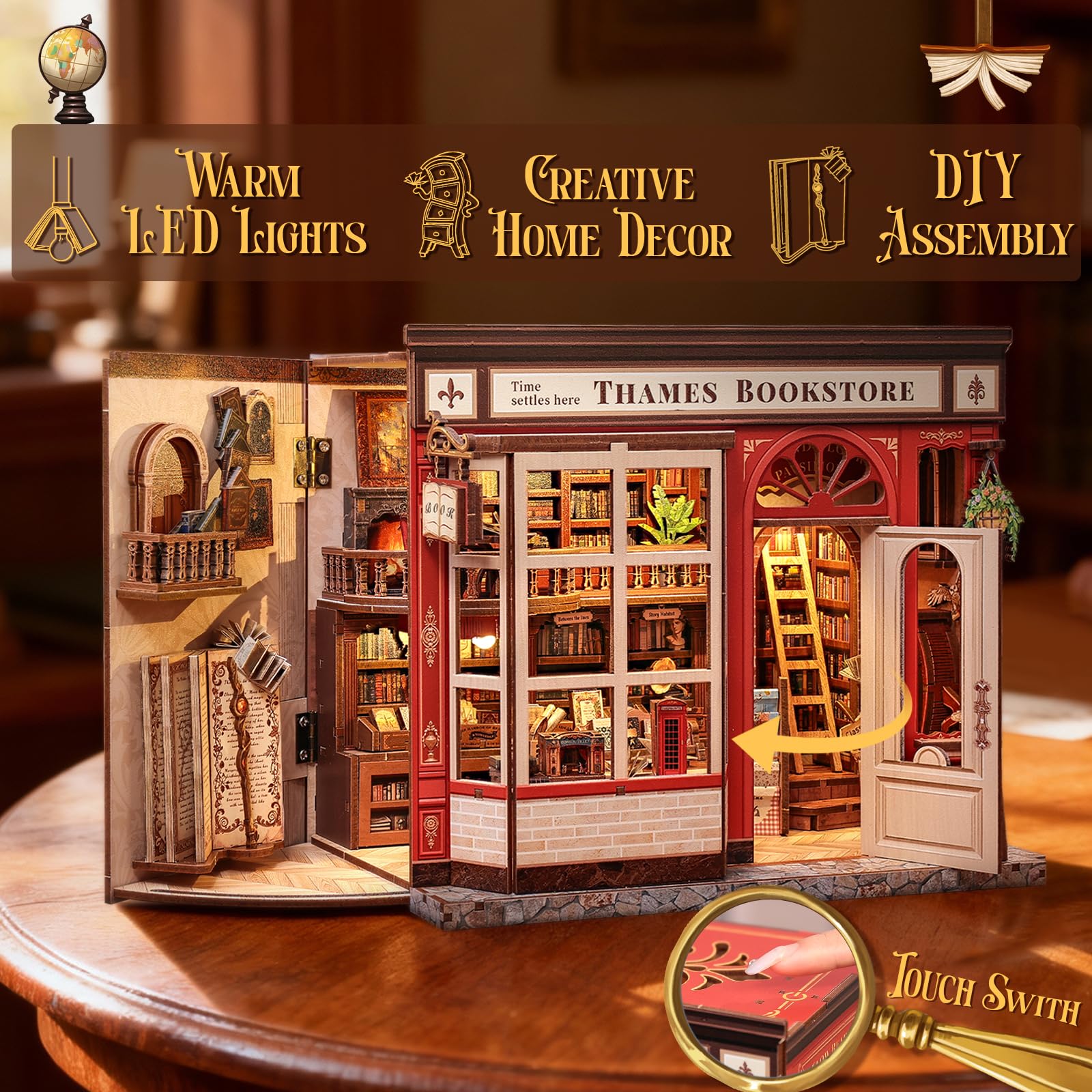 CUTEBEE Book Nook Kit – Casa delle bambole per adulti, incantevole libreria britannica, casa in miniatura con illuminazione a LED, decorazione per libreria, regalo unico per gli amanti dei libri