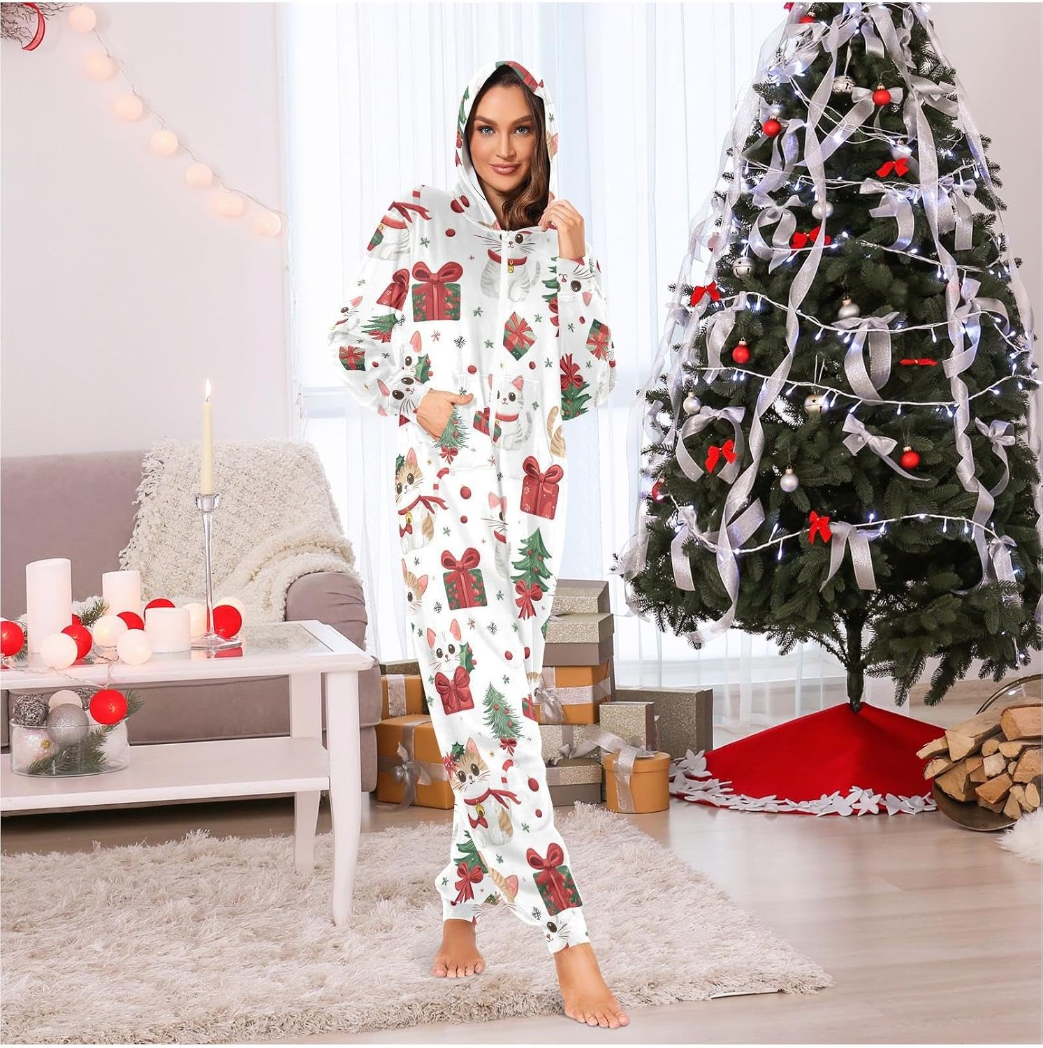 ZZKKO Cute Cats and Christmas Adult Onesie Pajamas for Women Men Cozy One Piece Pajamas Costume Zip-Up Hooded S-XL