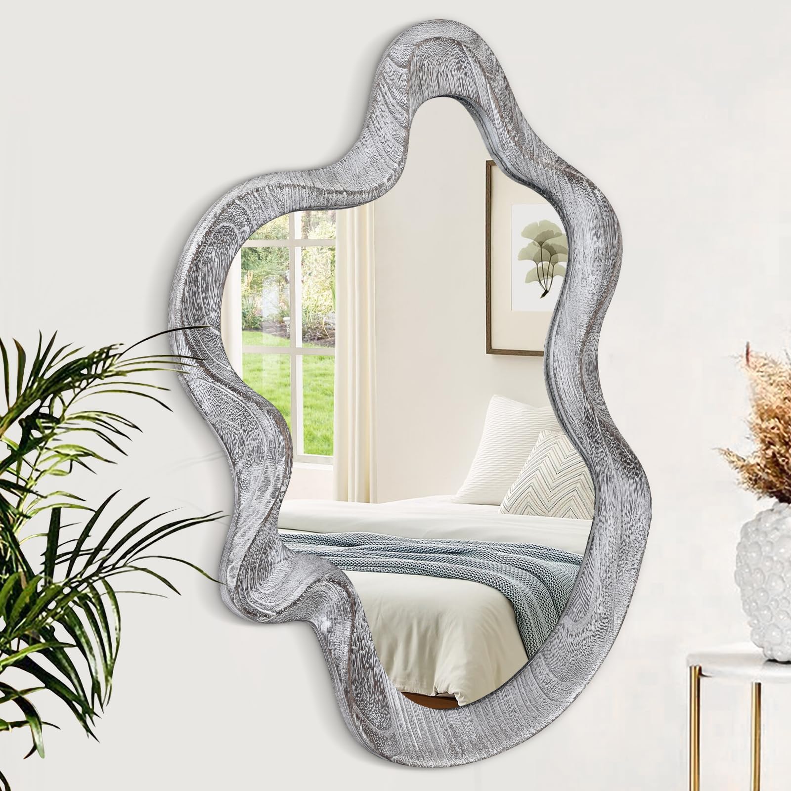 Irregular Wooden Framed Wall Mirror Modern Asymmetrical Rustic Black Cloud Hanging Mirror Artistic Mirror Decor Bathroom Vanity Bedroom Living Room Entryway Hallway Large 55x37cm