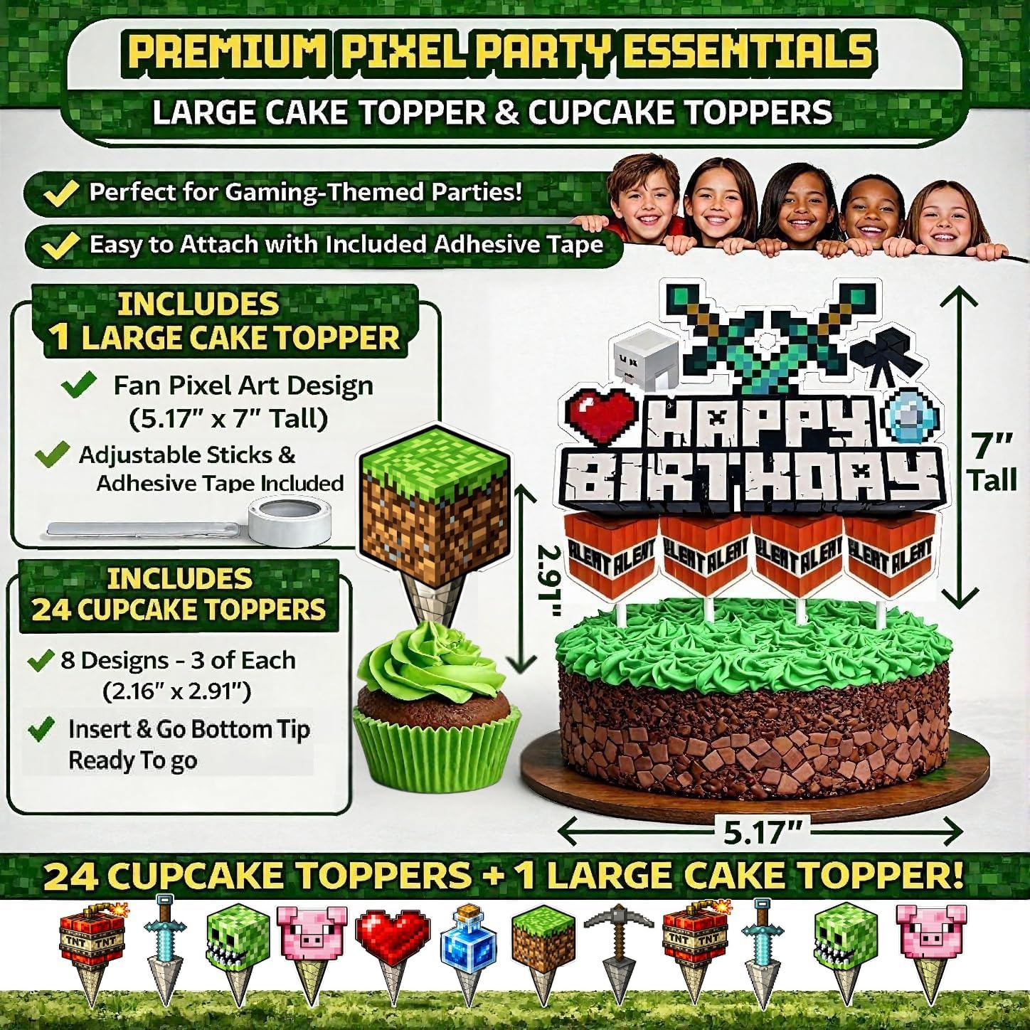 Pixel Game Birthday Party Decorations - Miner Supplies Set Gaming Theme - Including Backdrop Balloons Tablecloth Plates Toppers Napkins Favor Bags Stickers - Mining Bday Pack Craft Decor Kit