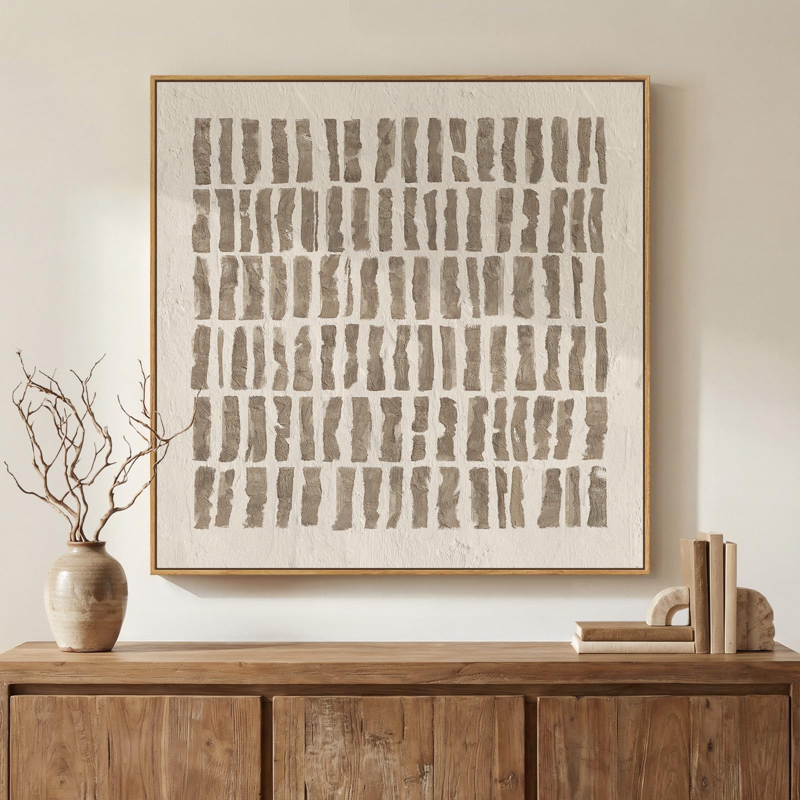 Framed Neutral Abstract Wall Art, Modern Beige Canvas Prints Artwork for Walls, Minimalist Geometric Line Square Pictures for Living Room Bedroom Dining Room Hallway Office Wall Decor, 30x30 In