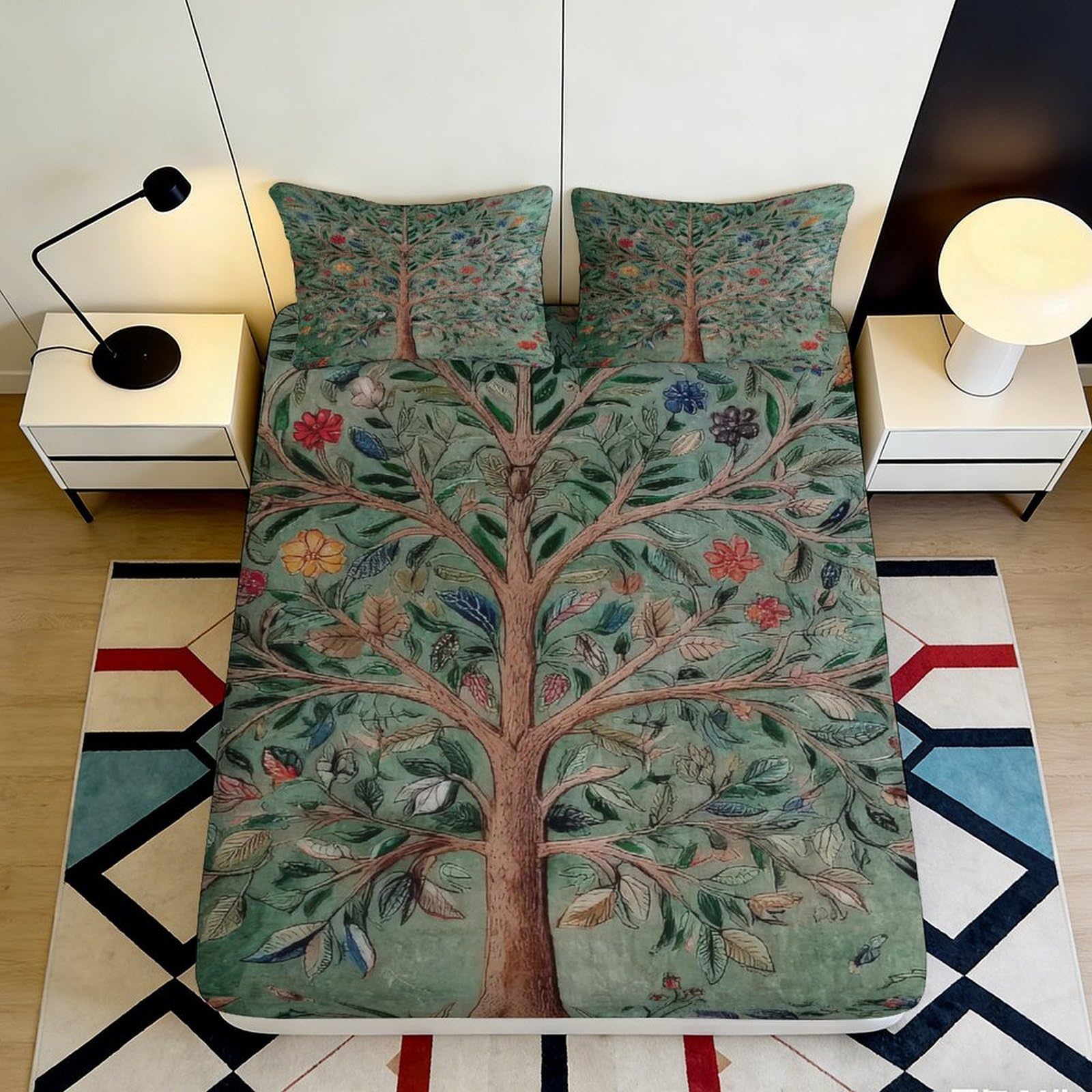 3D Printed Tree of Life Fitted Sheet Microfiber Green Nature Forest Mattress Cover Bedroom Decor Machine Washable 90x200x25cm