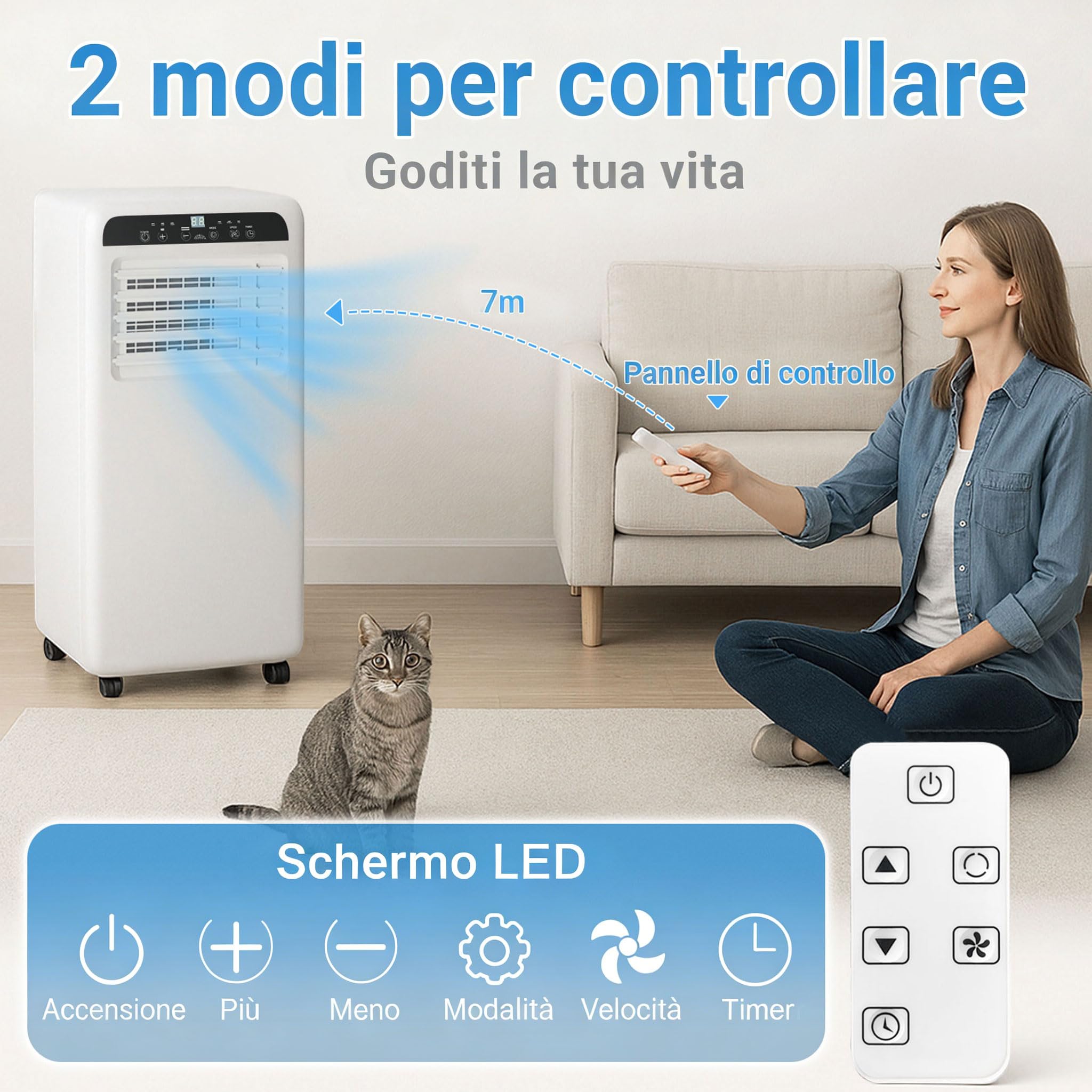 Climatizzatore portatile 9000 BTU 3-in-1 fino a 35 m²: raffreddamento, ventilazione e deumidificazione. Con telecomando, kit installazione, timer 24h e funzionamento silenzioso