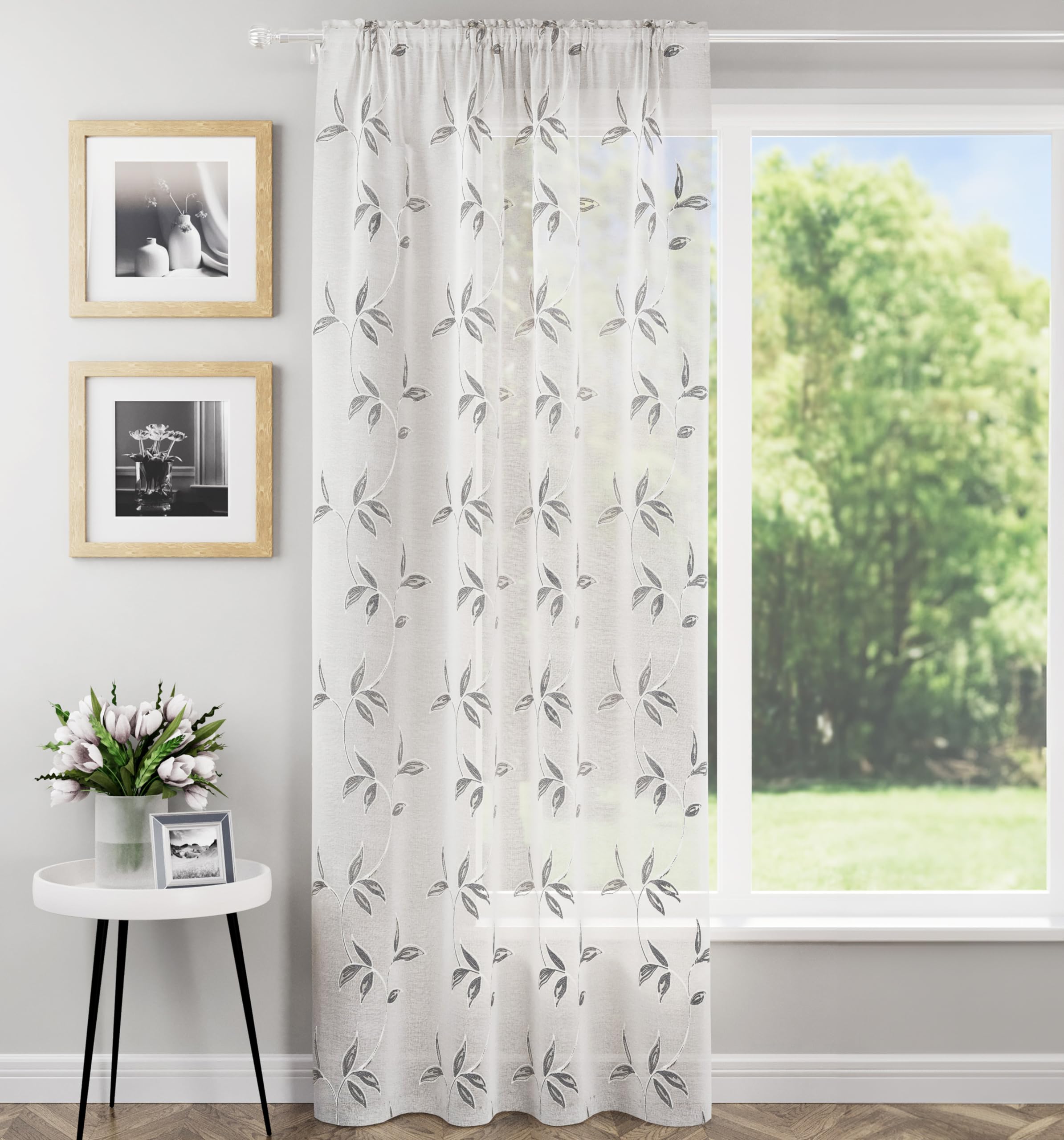 Tyrone Textiles Oasis Grey Voile Curtain - 55 x 54 Inch - Embroidered Leaf Design - Pair