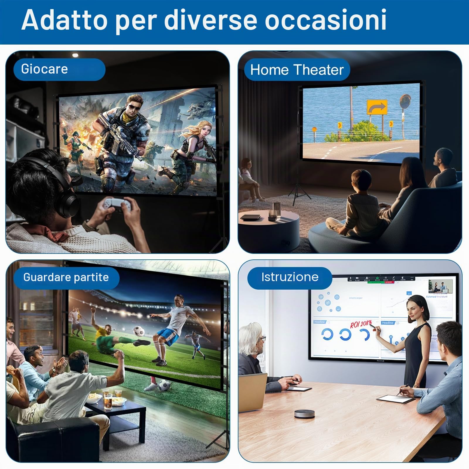 Schermo Proiettore con Supporto 100", 4K HD 16:9 Portatile Schermo Proiettore, Grandangolo di 160 Gradi, Perfetta per Teatro Domestico Festa, Outdoor