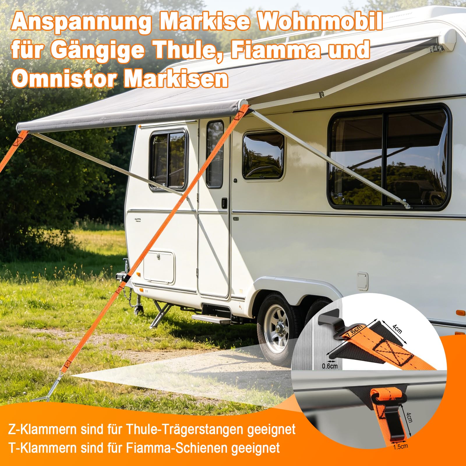 Sangle Anti-Tempête pour Auvents de Camping-Car avec 2 Piquets à Vis, 2 Ressorts et 2 Sangles - Compatible Thule & Fiamma - Accessoire pour Tente, et Accessoires de Camping Car