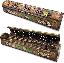 Incense Burner (Censer) Hand Decorated Wooden Box in India – Exclusive Colours and Elephants Design 875 x 15.7 x 140 g – Weight 240 g – Wood Incense Holder