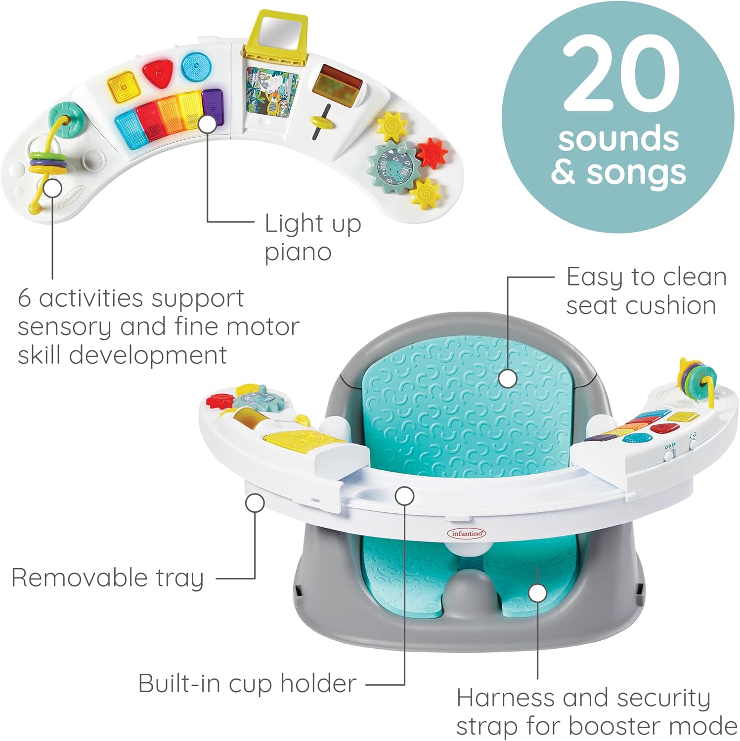 Four images showing the Infantino 3-in-1 Discovery Seat & Booster in its three modes: seated positioner, snack time booster, and table booster seat, plus a close-up of the light-up piano.