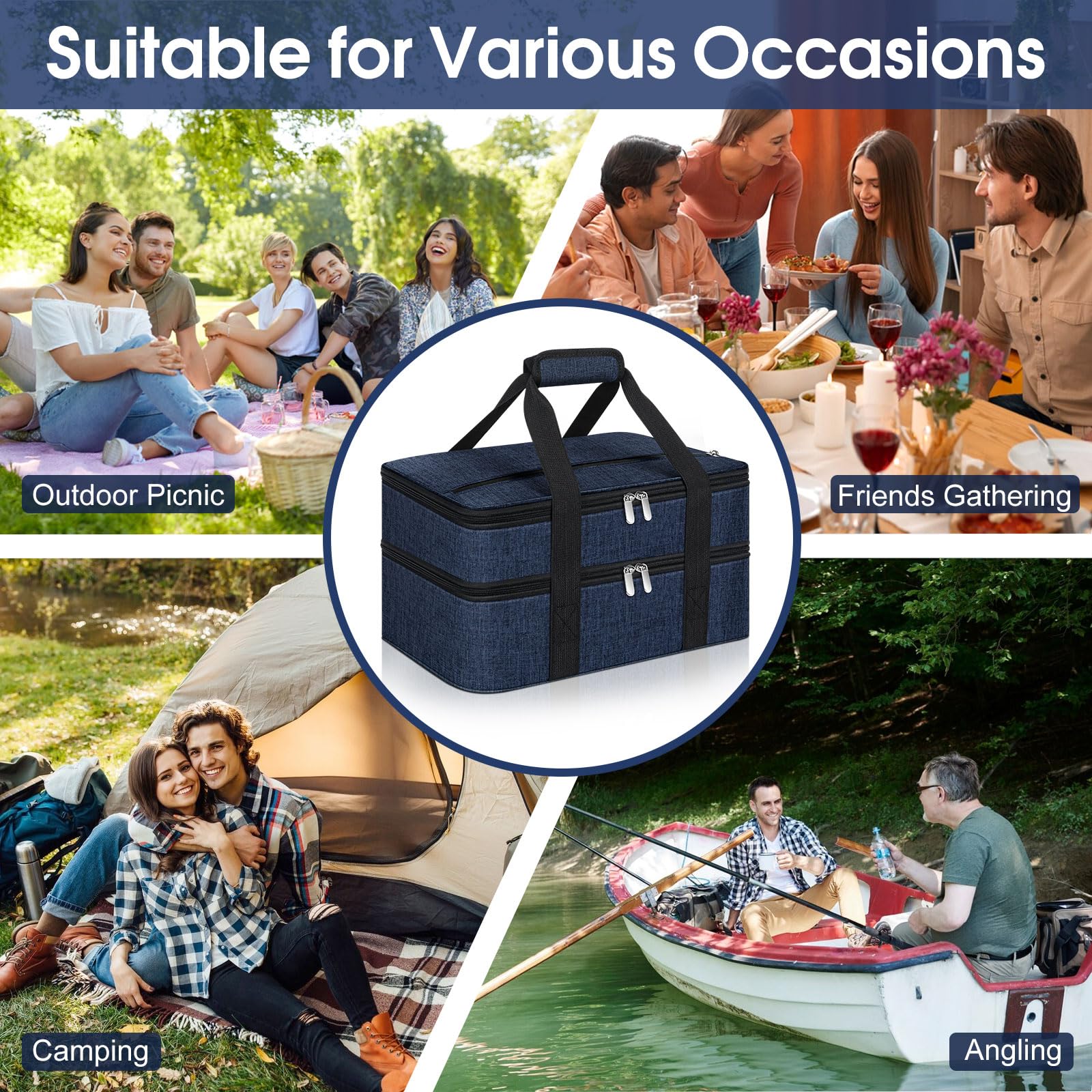 Vuudh Borsa espandibile per casseruole, borsa per alimenti a due piani, isolata per cibi caldi o freddi, porta lasagne per picnic, spiagge, viaggi o regali