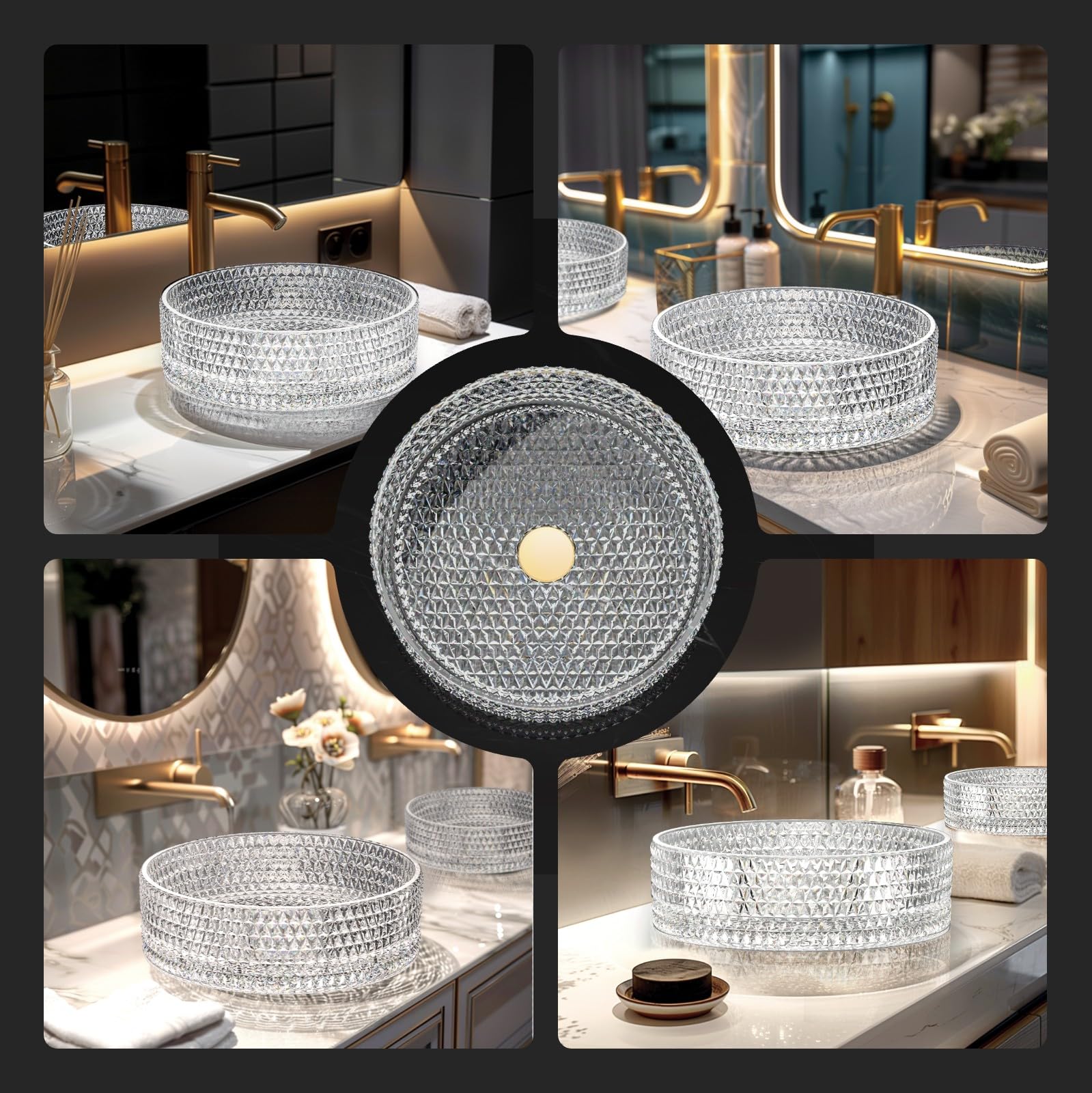 EMKE Lavabo de cristal redondo, lavabo de cristal transparente, 36 x 36 x 11,2 cm, lavabo de mano de alta calidad para baño y aseo de invitados, lavabo sin orificio para grifo