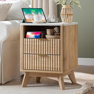 T4TREAM 18" Fluted Nightstand with 2 Drawers, Natural Oak | Charging Station, Open Cubby, Mid Century Modern, Faux Marble Top, Curved Profile, Metal Handles, Smooth Slides