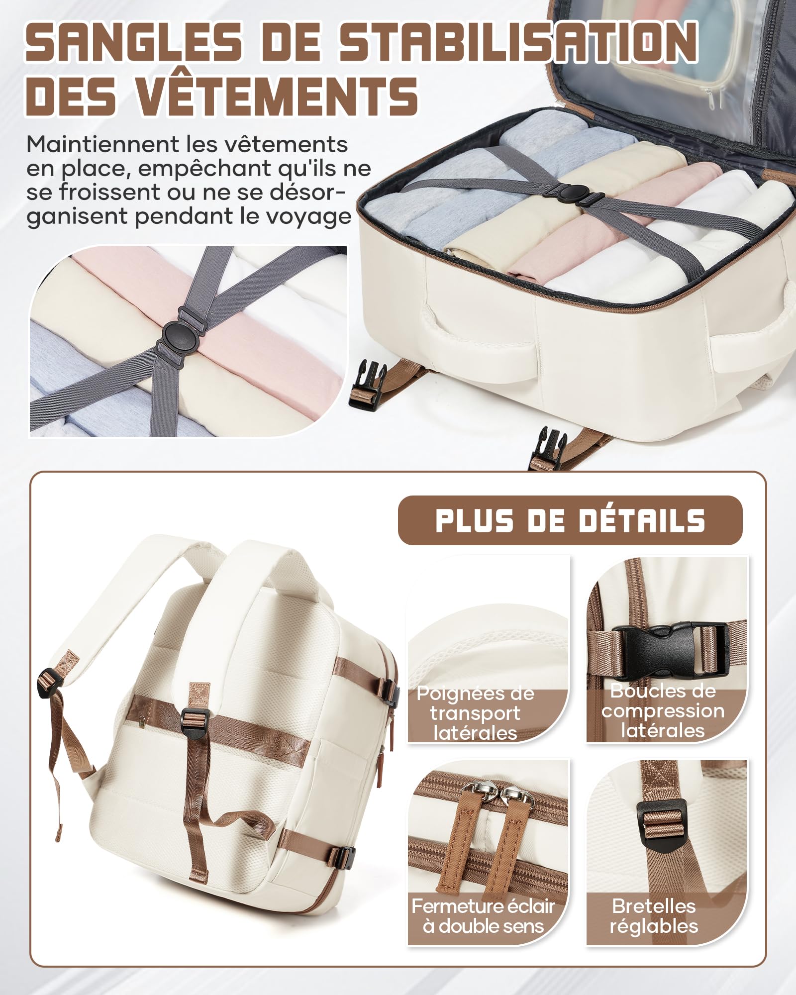 suradar Bagage Cabine 40x30x20 Sac Ryanair Sacs a Dos Voyage Cabine Avion 40x30x20 pour Wizzair Eurowings avec Sac Humide Sacs à Dos Ordinateur Portable 14 Pouces Homme Femme Beige et marron