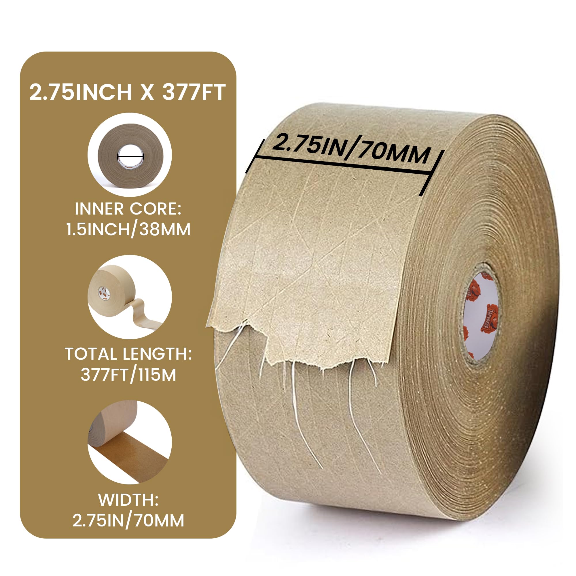 TAPEBEAR Cinta de Papel Kraft Engomada 1.5" Núcleo, Activada con Agua 70mm x 116m, Refuerzo de Fibras, Ecológica y Biodegradable para Cierre Seguro, Empaquetado y Envío, 4 Rollos