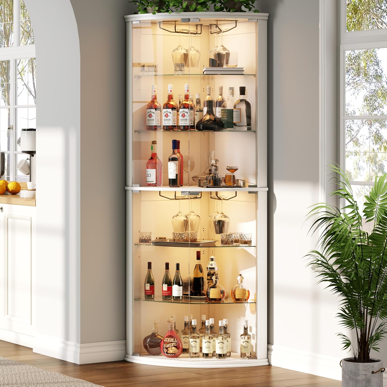 Loomie 70" Corner Bar Cabinet with LED Lights, 6-Tier Modern Wine Cabinet with Glass Door & Glass Holder, Tall Home Bar Liquor Cabinet with Adjustable Shelves for Dining Room, Living Room (White)