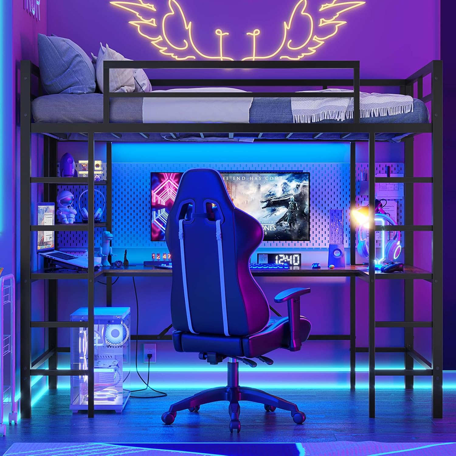Hasuit Loft Bed with RGB LED lights creating a vibrant atmosphere