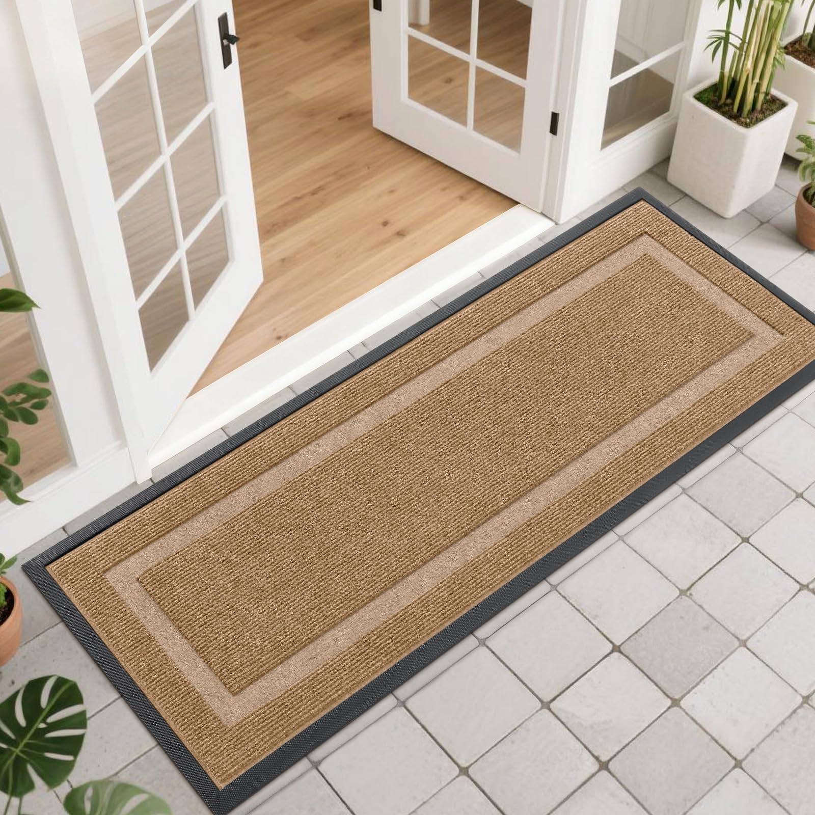 OLANLY Front Door Mat Indoor Outdoor Entrance, Waterproof All-Season, All-Weather Doormat, Sturdy Natural Rubber, Fade Resistant, Low Profile, Easy Clean Patio Porch Entryway Mat, 47x17, Light Brown
