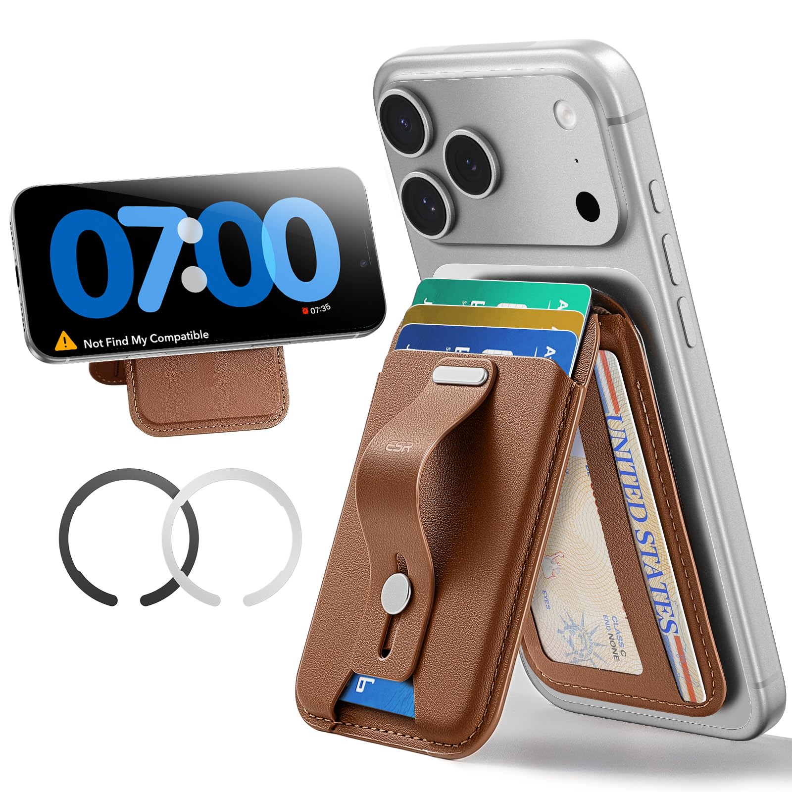 ESR Magnetic Wallet, Compatible with MagSafe Wallet,Vegan Leather, for Secure-Grip Finger Loop, for iPhone 15/14/13/12 Series, Not for 13/12 Mini