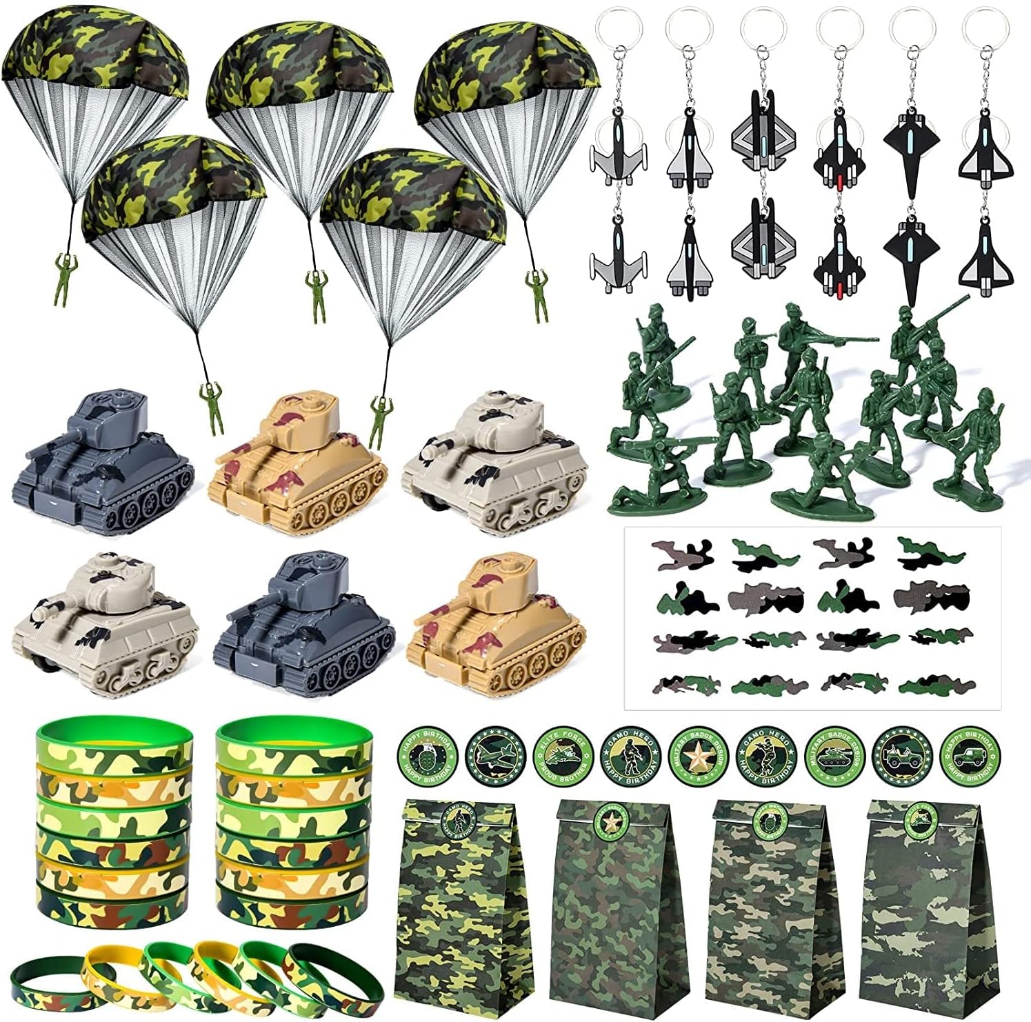 Golray Army Party Favors Camo Wristband Big Parachute Tanks Aircraft Keychain Army Men Soldier Figures Toys for Kids Boys Camouflage Military Camo Birthday Party Supplies Decoration Gift Bag Stuffers