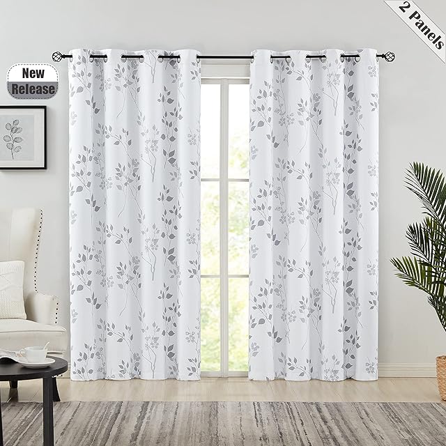 Beauoop Floral Blackout Window Curtain Panels 95% Room Darkening Thermal Insulated Noise Reducing Drapes for Bedroom/Living Room Leaf Energy Saving Eyelet Window Treatment,Set of 2,50Wx72L,White/Grey