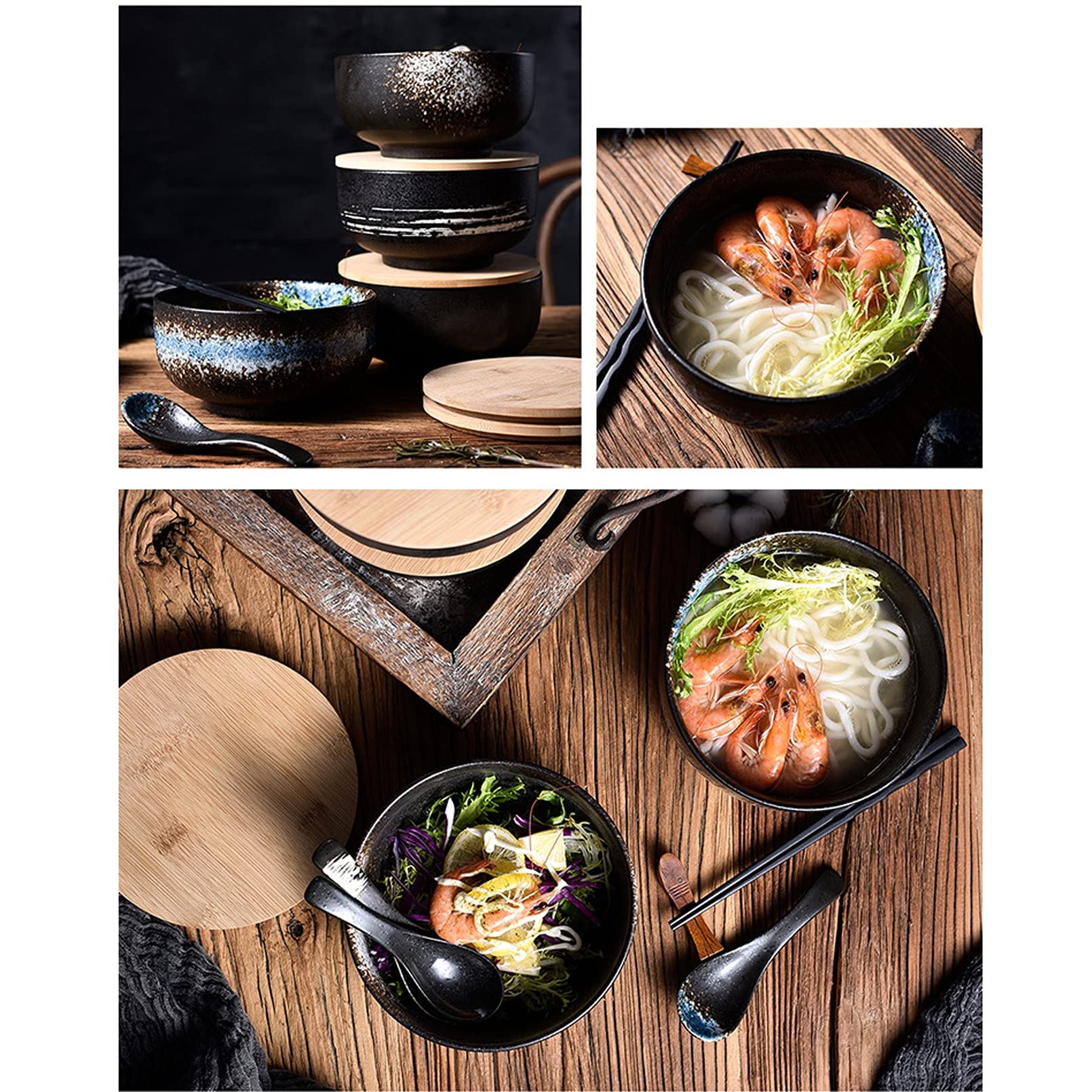 Bol japonais avec couvercle, bol de ramen en céramique, lot de 2 bols de ramen en céramique vintage bol de riz dessiné à la main bol de nouilles instantanées,A5