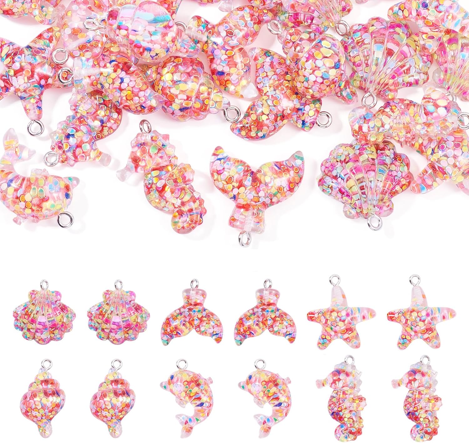 24Pcs Ocean Animal Resin Charms Colorful Sequins Shell Starfish Sea Horse Fish Tail Dolphin Pendants Marine Life Pendants Cute Sea Animal Charms for Necklace Earring Keychain Jewelry Making