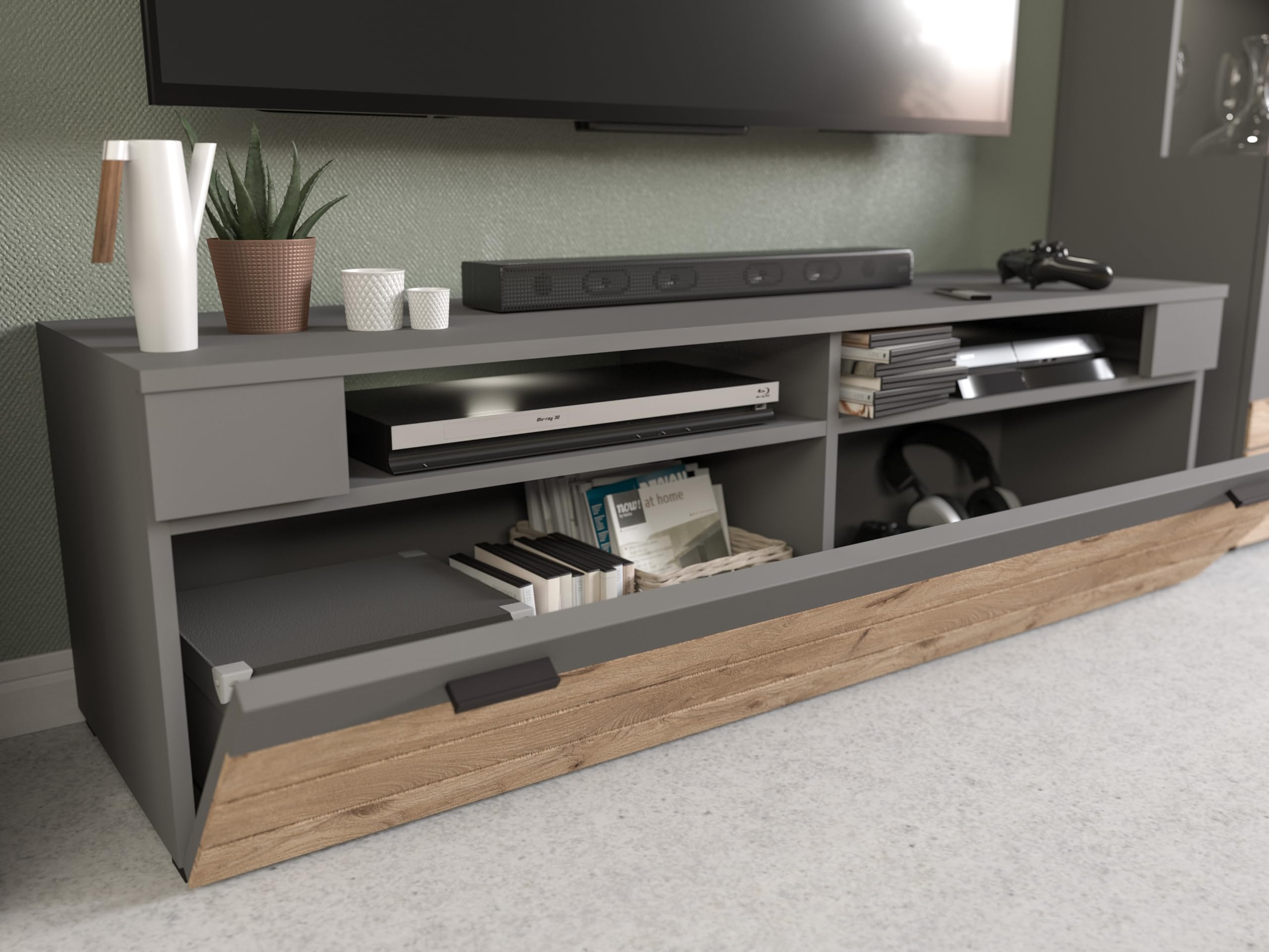 xonox.home - 4tlg. Kombination Freno 40x290x194 cm in grau Nb Absetzung Nox Oak Nb - Wohnkombination Wohnwand Wohnzimmermöbel Wohnzimmerschrank - modern und funktional