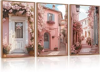 LHIUEM Vintage Italy City Landscape Framed Canvas Wall Art,Pink flowers ...