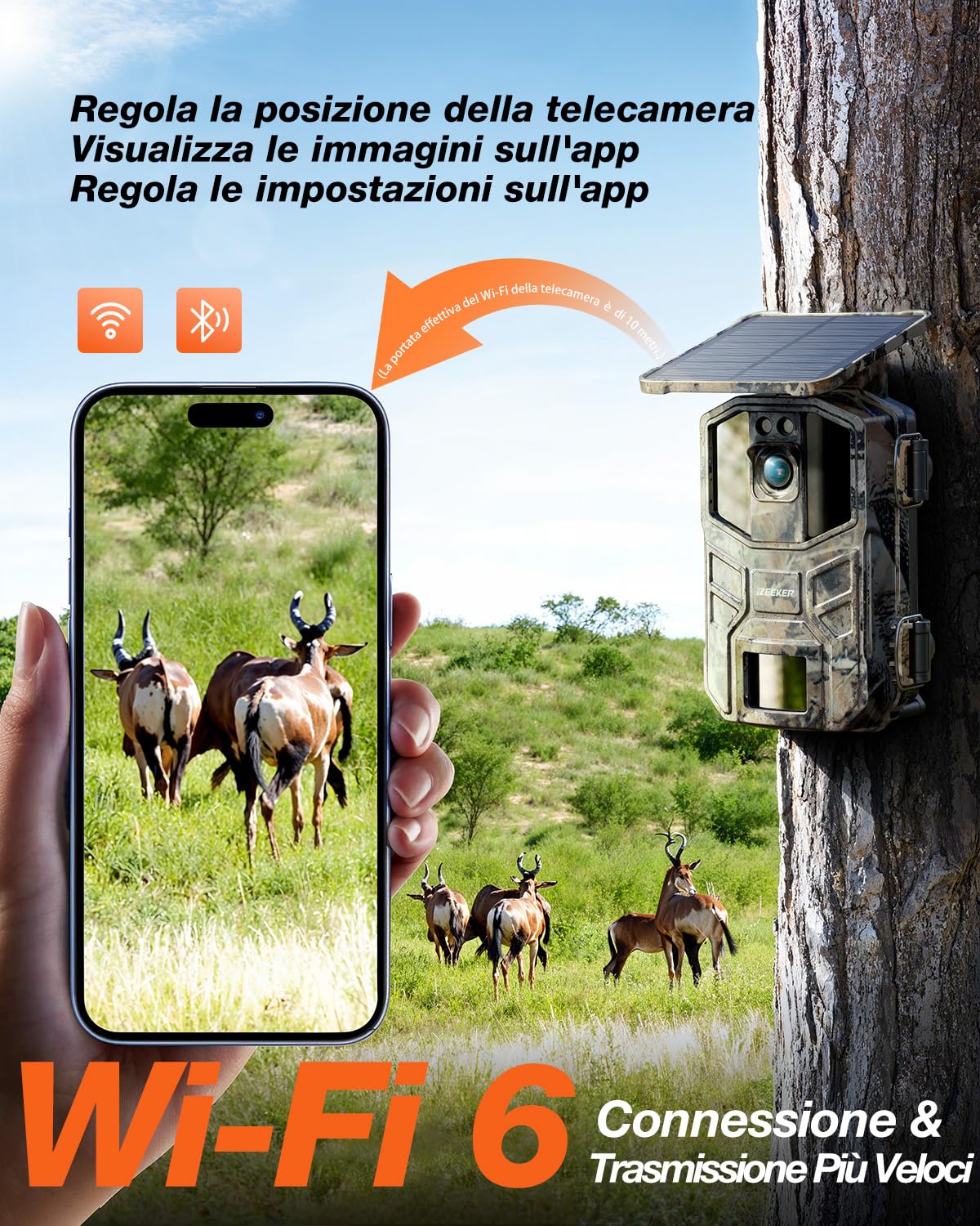 iZEEKER Cámara de Caza Solar, 4K Ultra HD 64MP Camara Fototrampeo con 32GB Micro SD Karte & 5200mAh Batería Recargable, Envio al Movil App y WiFi Bluetooth, Visión Nocturna, IP66 Impermeable