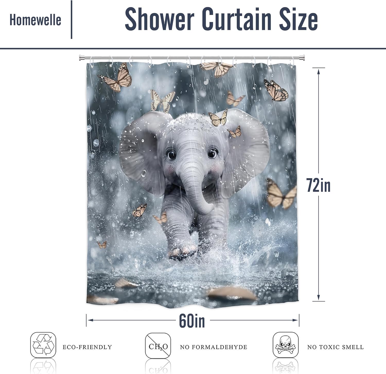 Homewelle Funny Elephant Shower Curtain Kids Cute African Animal Playing Water Butterfly Cartoon Wildlife Lovely 60Wx72H Inch for Kids Waterproof Polyester Fabric Bathroom Bathtub