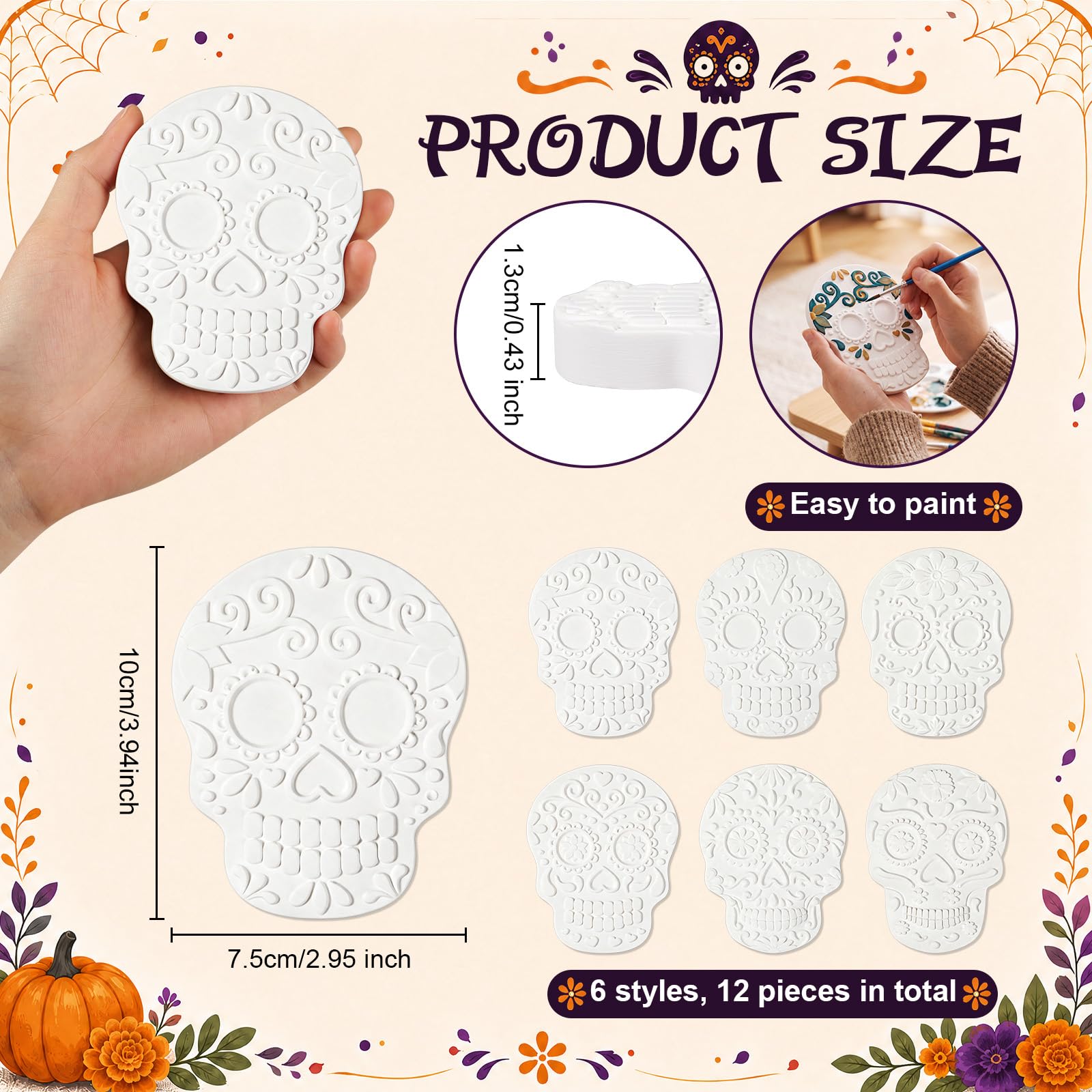 12 pezzi di ceramica di Halloween teschio di zucchero artigianato 6 unico in rilievo cuore floreale giorno dei morti teschi gesso bianco pittura fai da te il tuo kit artigianale per Día De