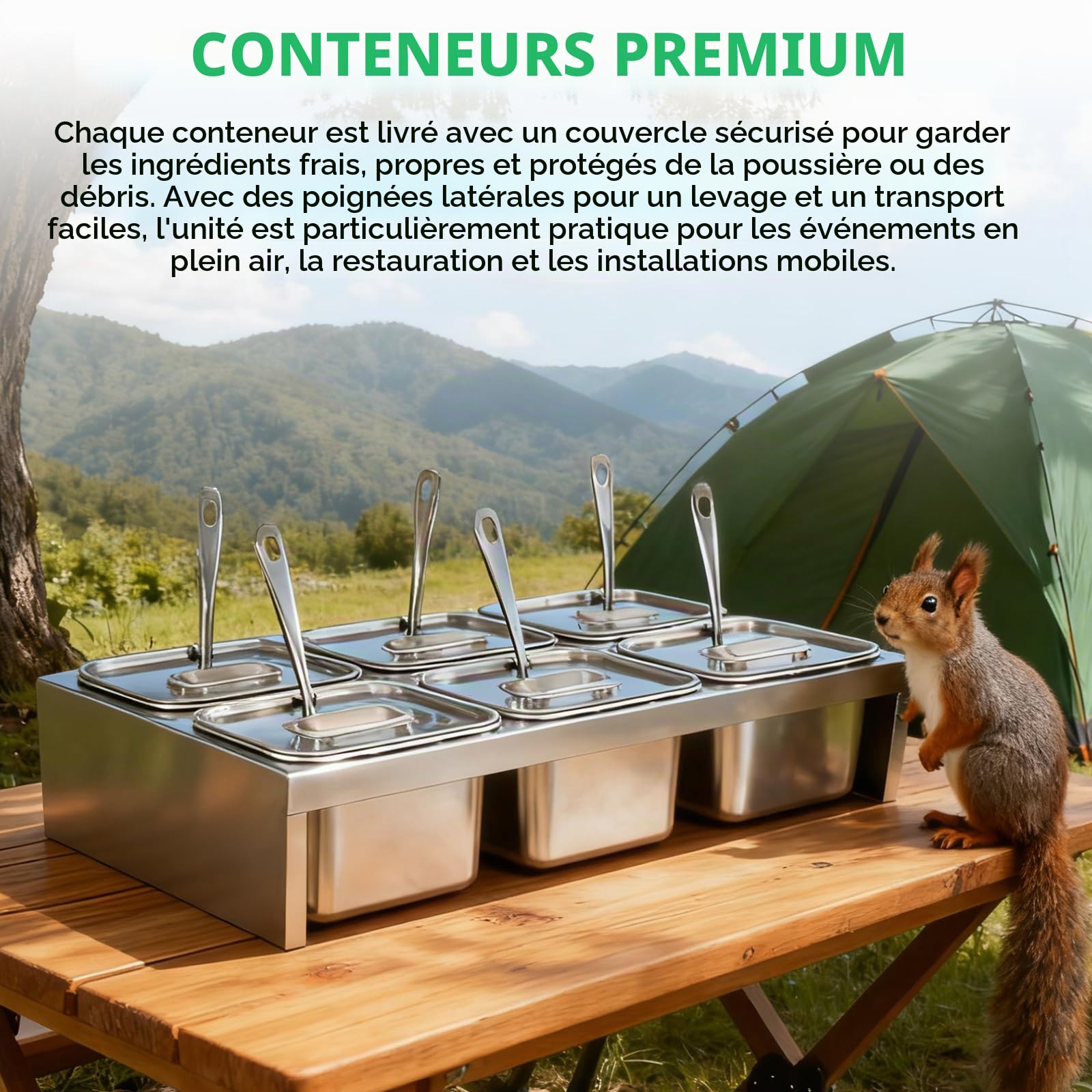 Conteneur à Ingrédients, 6×2L Bacs en Acier Inoxydable avec Couvercles & Cuillères, Station de Garnitures 6 Compartiments pour Ingrédients et Toppings, Accessoire Pizza pour Cuisine & Restauration