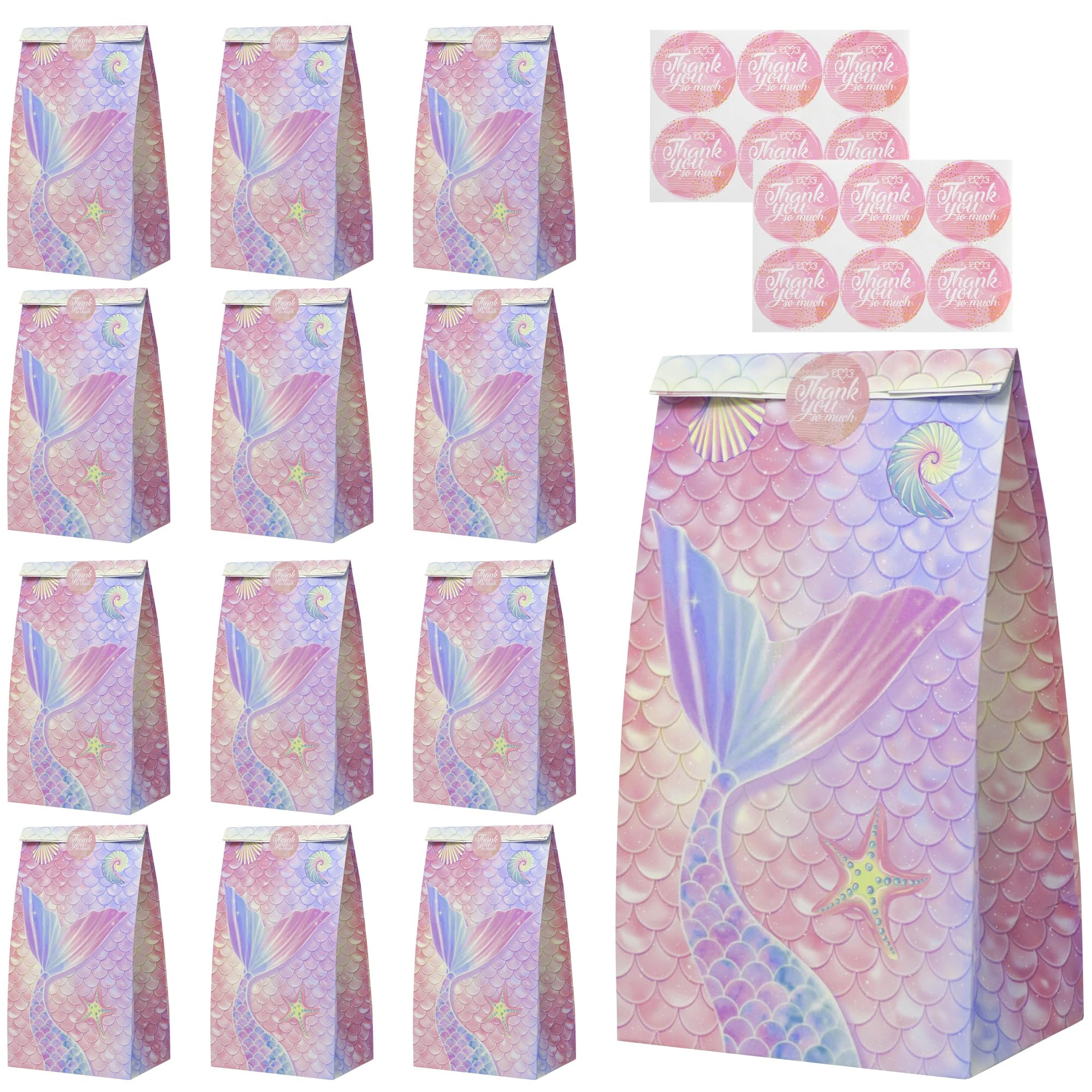 12 Pièces Pochette Cadeau Sirènes, 13 * 8 * 24cm Sacs Cadeau Papier Avec 12 Autocollants, Sacs Cadeaux Pour Emballage Cadeau Biscuit Fudge Mariage