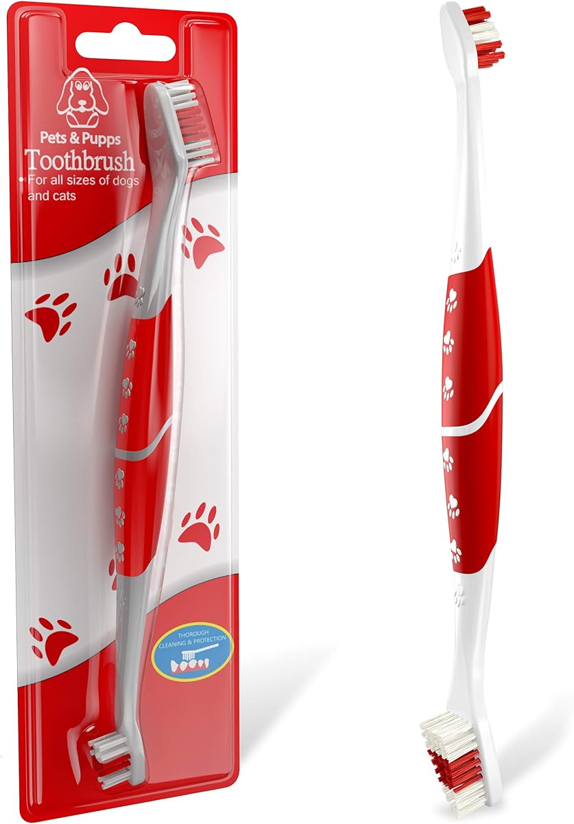 Cepillo de dientes para perros, gatos con cerdas suaves, fácil limpieza de dientes y cuidado dental, cepillo de dientes antideslizante de doble cabeza para mascotas medianas y grandes, pasta de dientes no incluida, paquete de 1 rojo