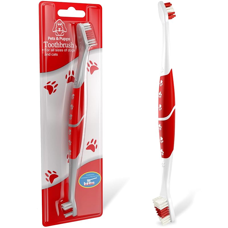 Escova de Dentes para Cães e Gatos de Porte Médio e Grande, Cerdas Macias e Cabeça Dupla Pets & Pupps, Red, Pacote com 1