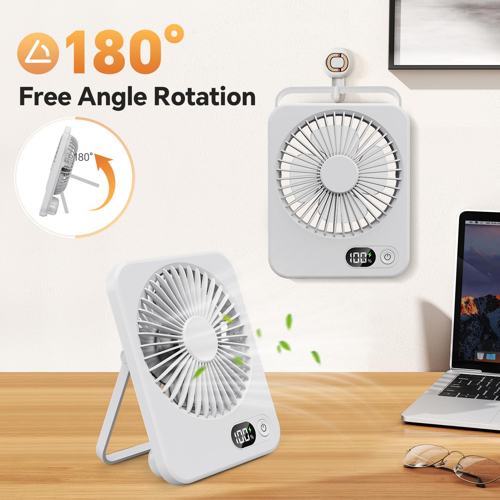 Ventilateur Bureau Rechargeable LuJasi - 5 Vitesses, 3600 MAh, 180° Inclinable - Silencieux, Portable - Blanc