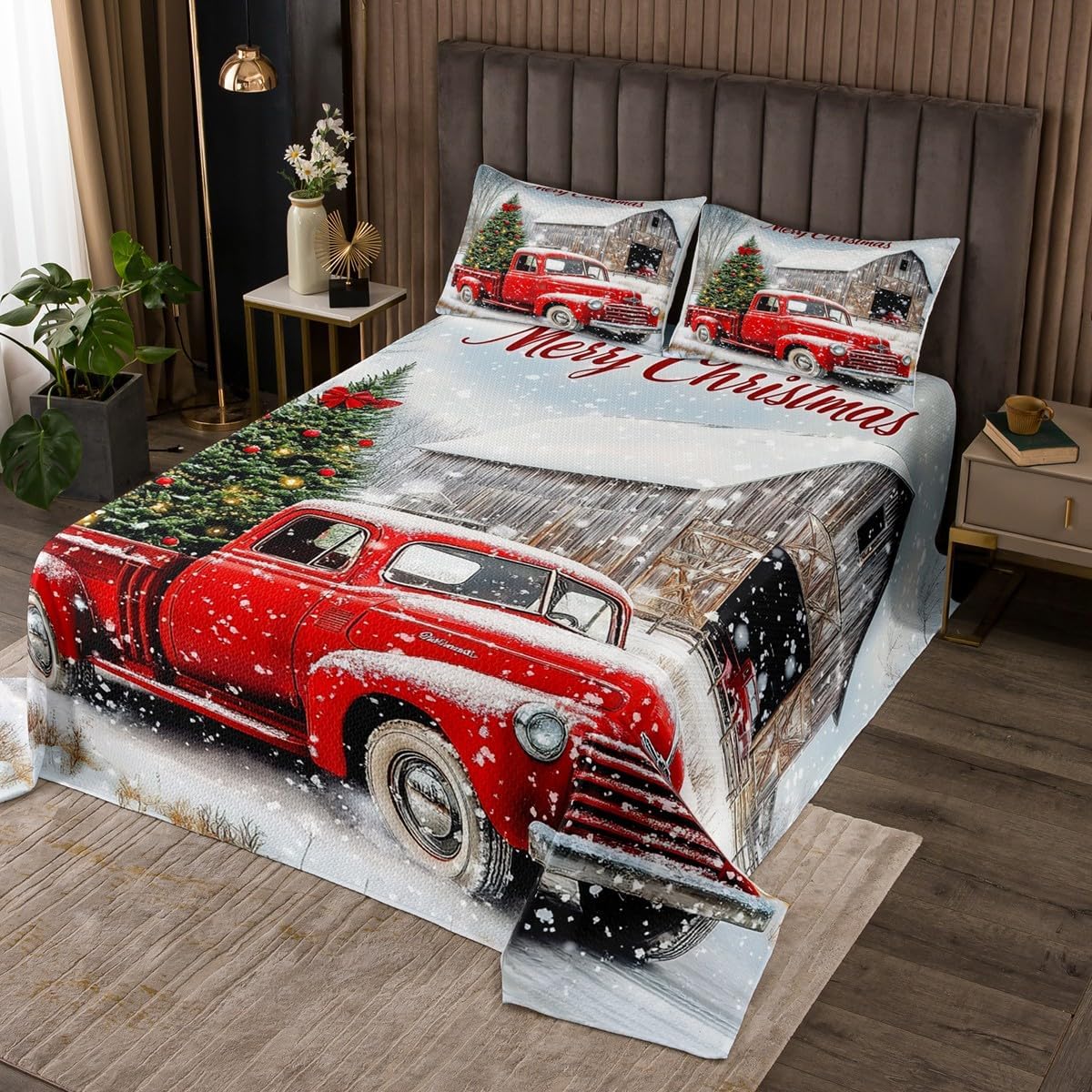 Homewish Xmas Snowman Bedspread Twin Size,Stained Glass Style Bedding Set for Kids Boys Girls Room Decor,Vintage Rustic Nature Coverlet Set 2Pcs,Snowflake Tree Branch Microfiber Quilt,1 Pillowcase
