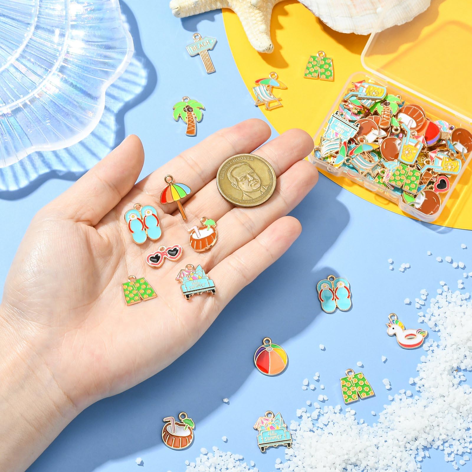 Stiesy 70Pcs Summer Beach Charms Enamel Coconut Tree Sunglasses Umbrella Metal Charm Bulk Flip Flops Pendant for Jewellery Making Crafts DIY Bracelets Necklace Earring - Image 4