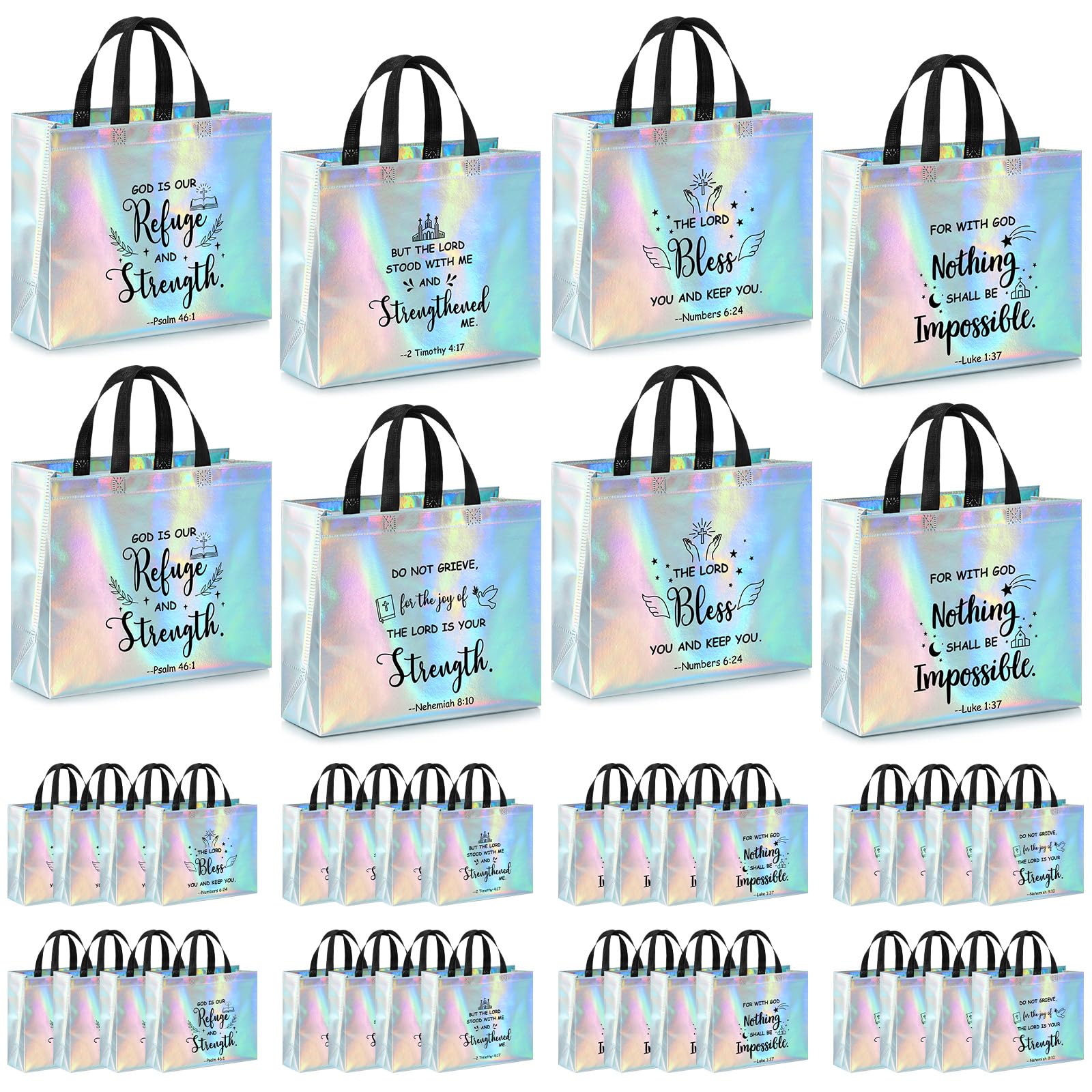 Sweetude 30 Pcs Iridescent Christian Gift Bags Bulk with Bible Verse 13 x 11 x 5 Inch Religious Glossy Tote Holographic Reusable Goodie Bags with