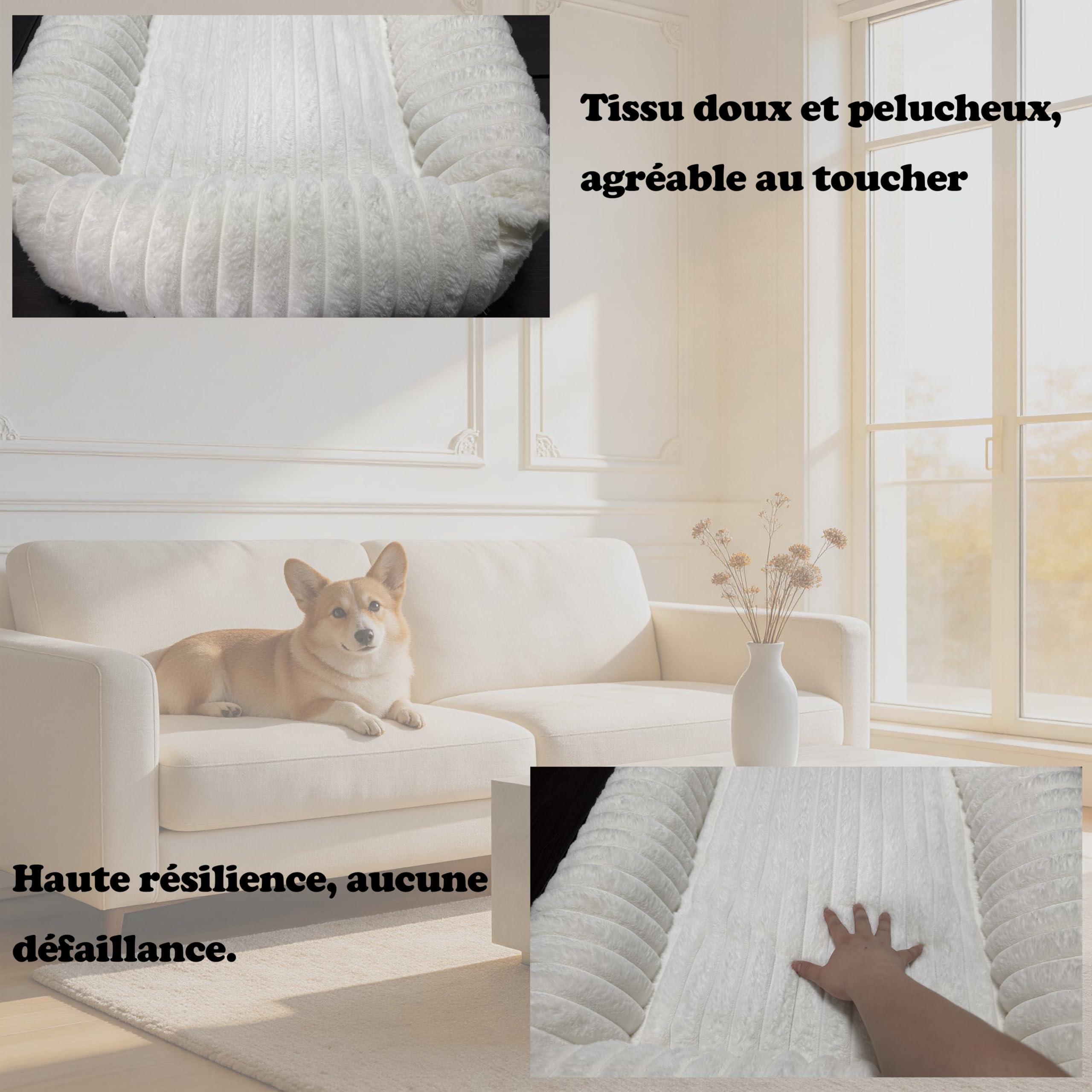 M Panier Chien Rectangulaire Texture Ondulée Crème – Lit pour Chien Moelleux Pelucheux Rempli de Coton, Bords Surélevés, Housse Déhoussable Lavable, Antidérapant, pour Petits et Moyens Chiens