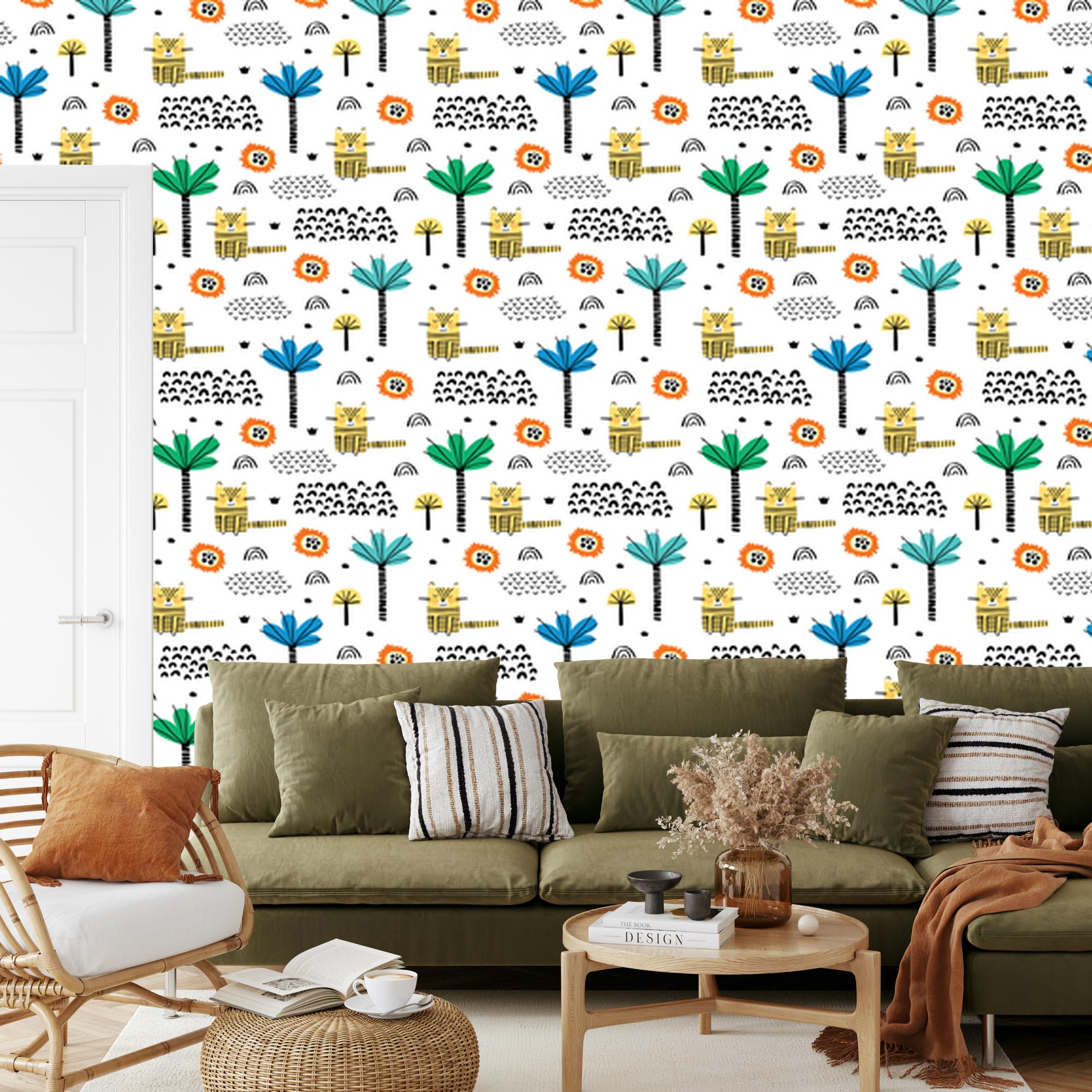 Vliestapete Tiere, Katzen und Bäume 50 x 1000 cm | Feline Tierillustration; Verspielter Zimmerschmuck; Behagliche Kinderdekoration; Kleister im Set