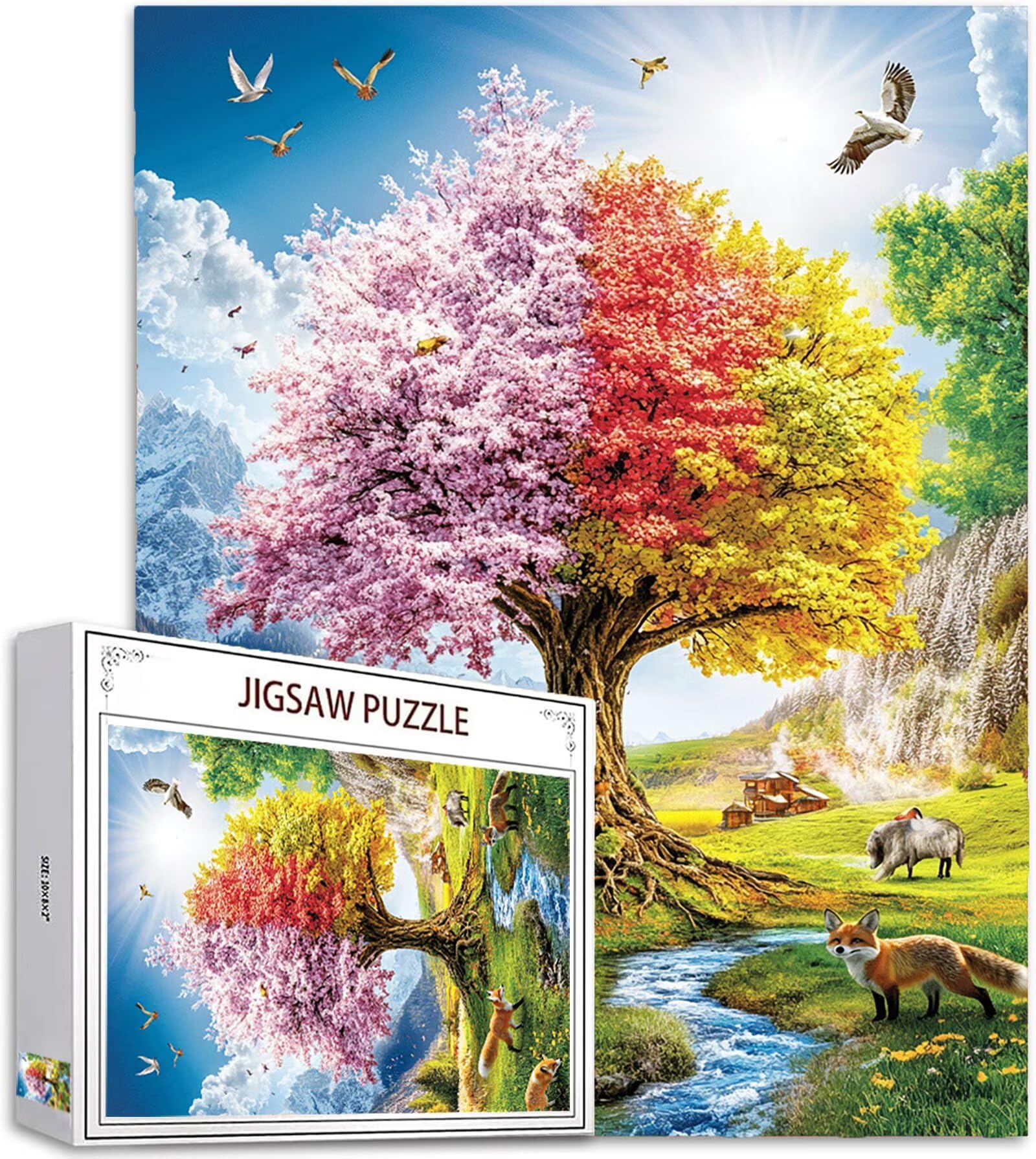 Cztery pory roku Puzzle 4000 elementów dla dorosłych, duże drewniane puzzle wzór krajobrazu, 141x87cm układanka DIY rzemiosło 14 lat działalność rodzinna z opakowaniem na prezent do dekoracji ścian