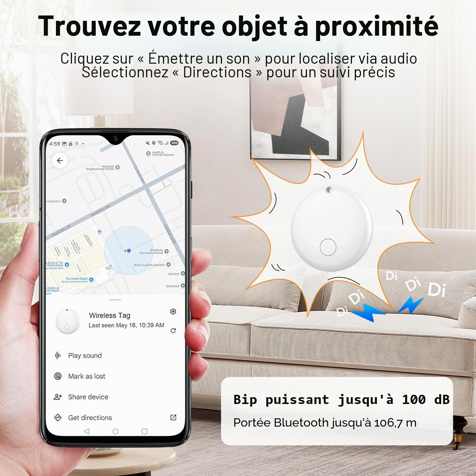 Android Smart Tag, Traceur Lot de 4, Fonctionne avec l’app Google Localiser (Uniquement Android), Équipé d'un Étui de Protection, IP68 Imperméable, pour Les clés/Portefeuilles/Valises, Blanc