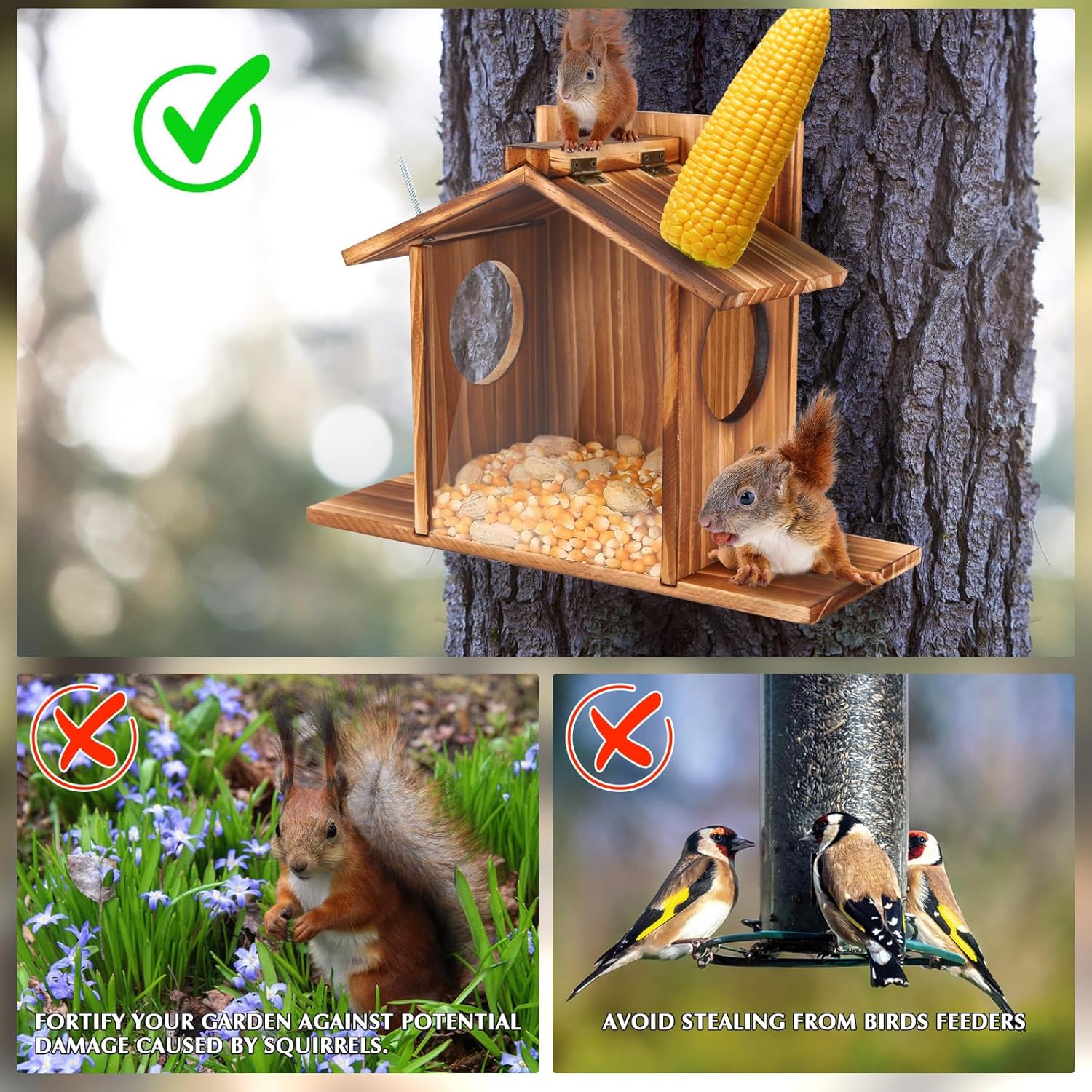 Squirrel Feeders for Outside, Wooden Chipmunk Feeder with Corn Holder, Sturdy Squirrel Peanut Feeder for Tree, Easy to Assemble