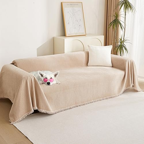 Miniatura 10 de MYSKY HOME Funda de sofá para mascotas, funda gris claro para sofá de 2 plazas, funda simple con borlas para sofá biplaza en forma de L, fundas de