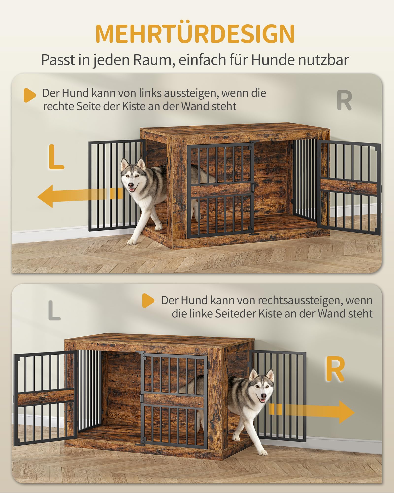 Hzuaneri Hundekäfig Möbel, 120 cm Hundebox für Zuhause mit 4 Türen, XXL Hundebox Möbel, Moderne Hundebox Holz Indoor für Mittlere/Große Hunde, 120 x 75,5 x 87 cm, Vintage Braun 9220101B