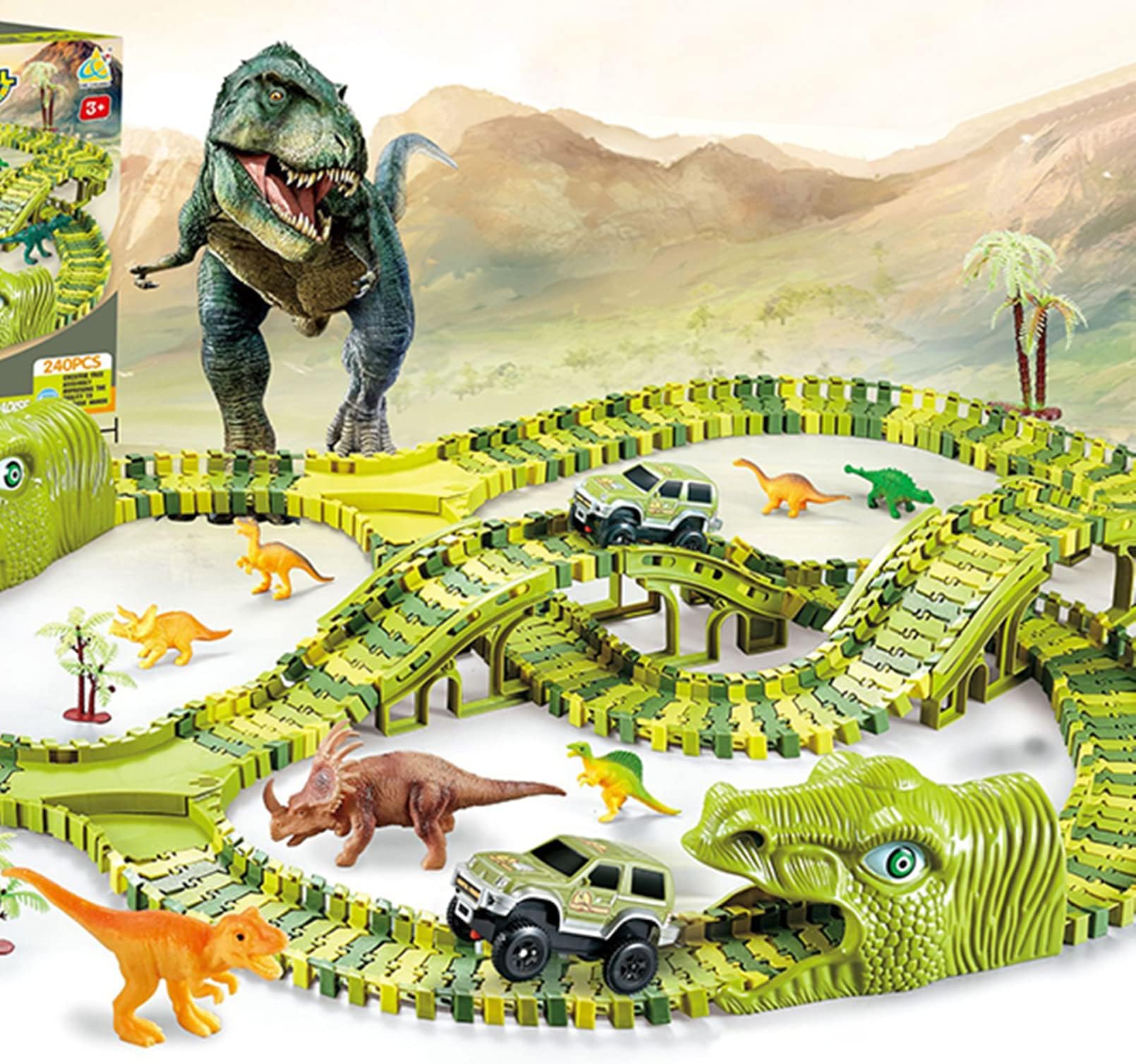AM ANNA Dinosaur Race Track for Kids Ages 4-8，240pcs Dinosaur Track Toy Set for Boys Girls Birthday Gift,Magic Tracks Train Set for Kids 3-5 Boy Toys Gift