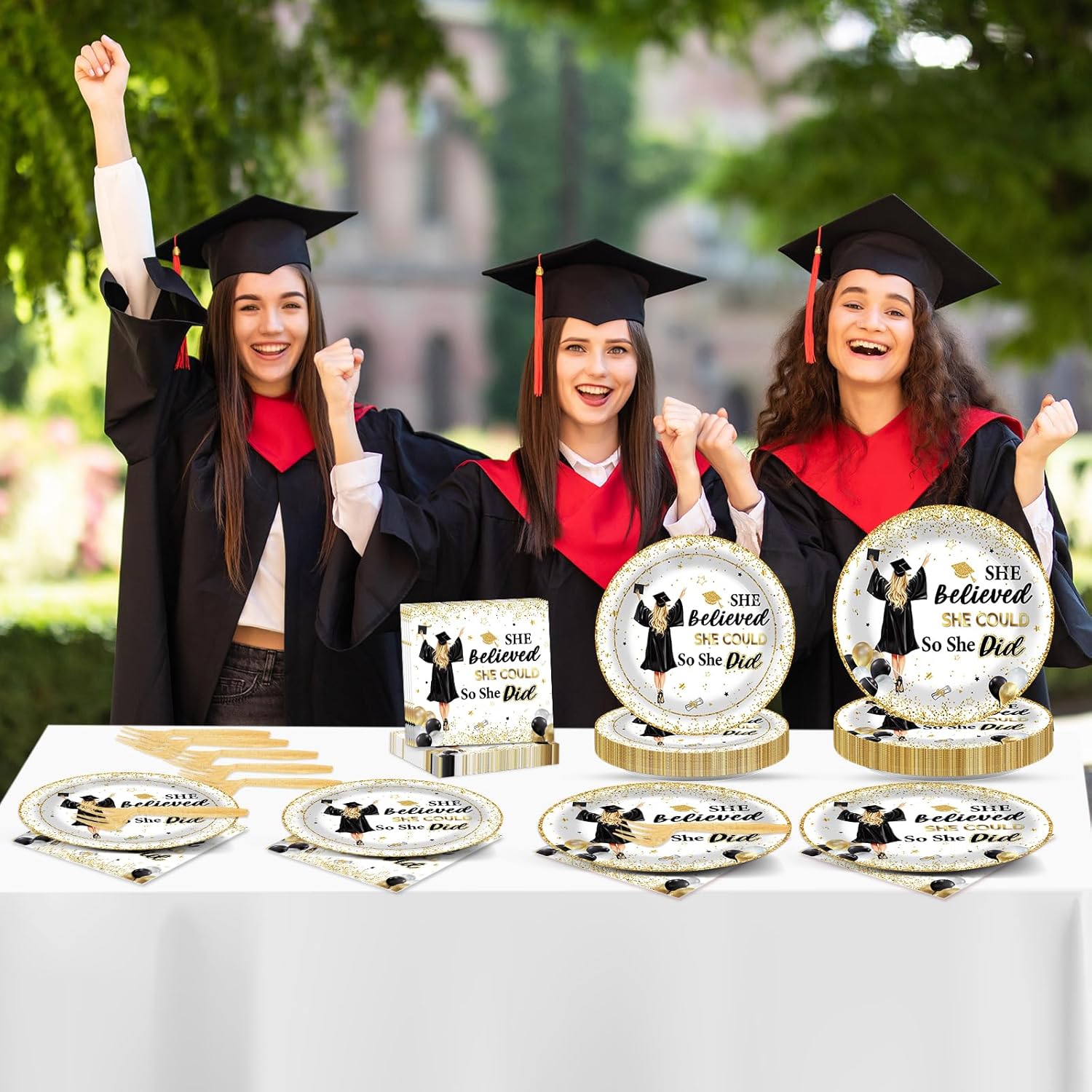200pcs Graduation Party Supplies Decoration 2026 Graduation Plates Napkins Gold She Believed She Could So She Did Tableware Congratulations Graduate Paper Plate for Girl College High School Serves 50