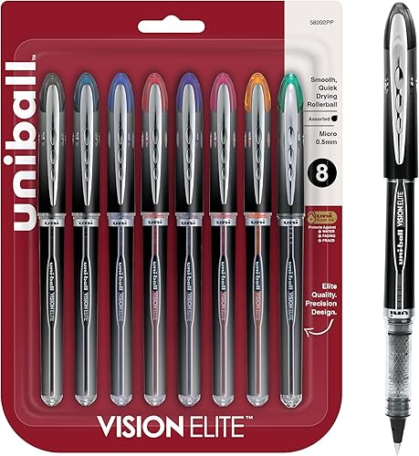 uni-ball Vision Elite 58092PP- Bolígrafos de micropunta redonda (1/64 de pulgada), colores surtidos, 8 unidades Negro