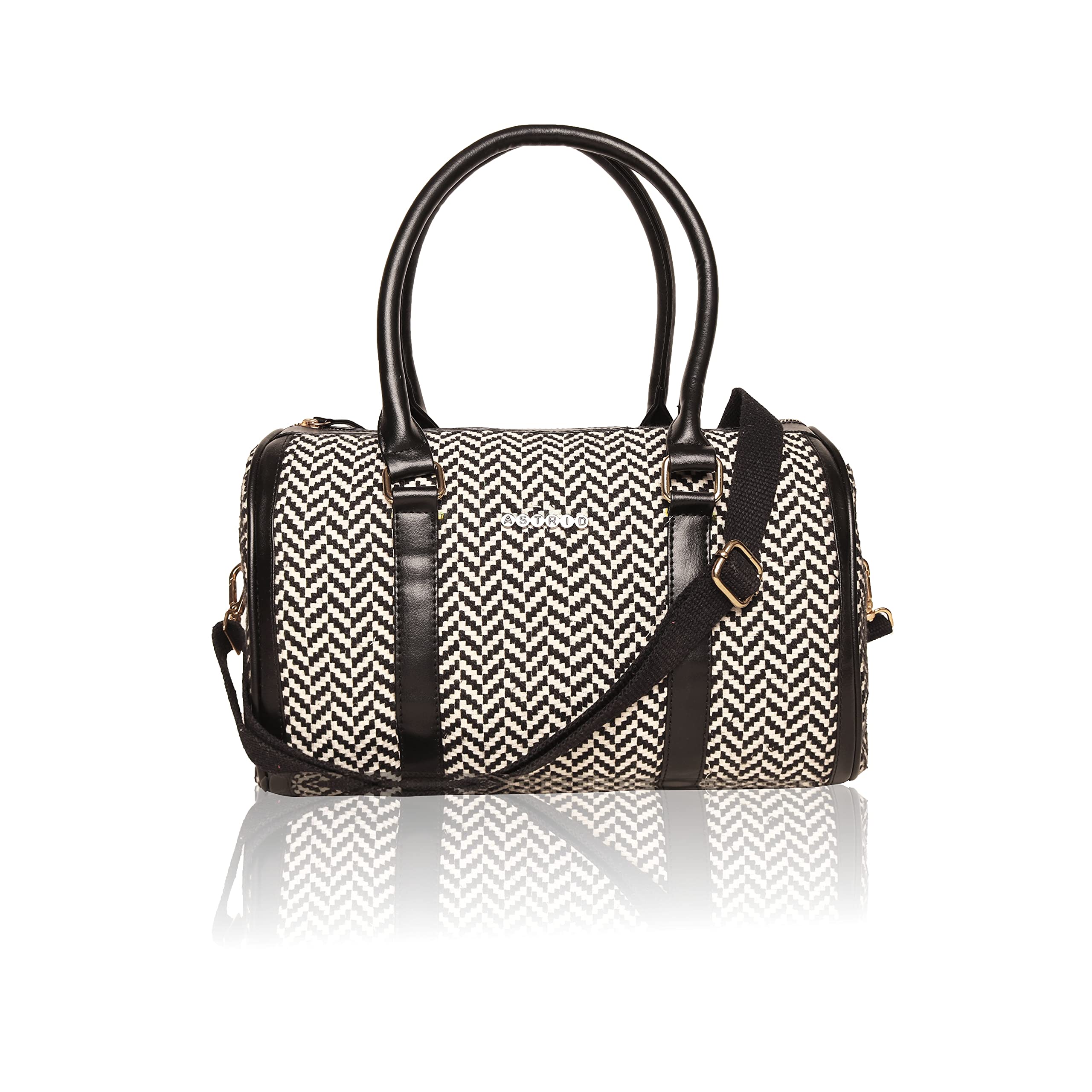 Women's Mini Black Textured Canvas Duffle Bag-image-11