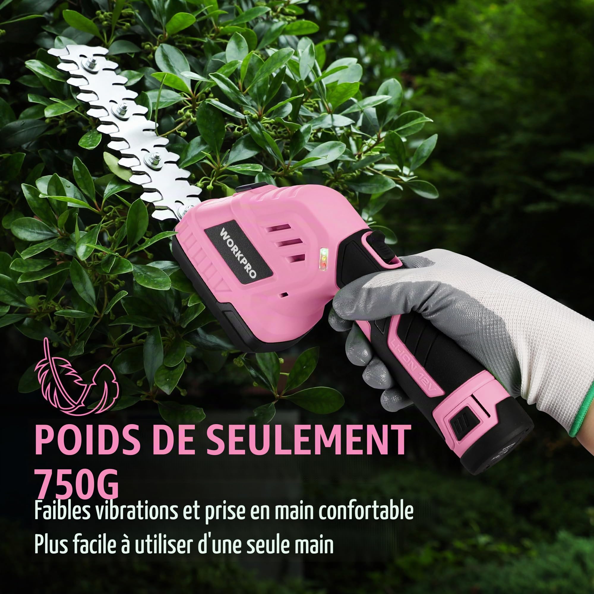 WORKPRO Cisaille Sculpte-Haie Electrique, Taille-Herbes sans Fil 12V | Cisaille à Gazon Batterie 2000mAh avec 2 Lames, Taille Haie Léger pour Coupe, Elagage, Noir & Rose